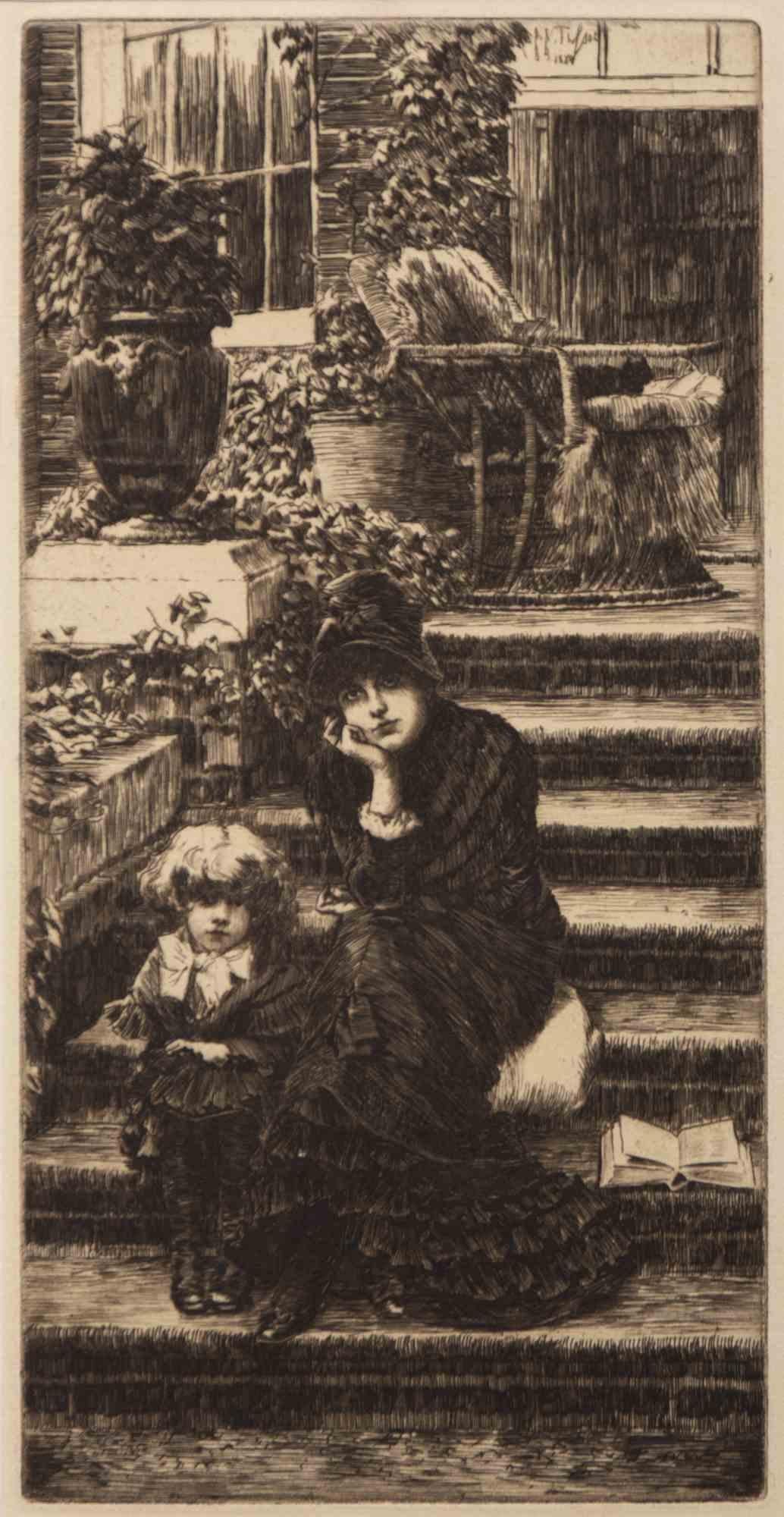 Jeune fille et enfant - Gravure de James Tissot - Fin du 19ème siècle en vente 2
