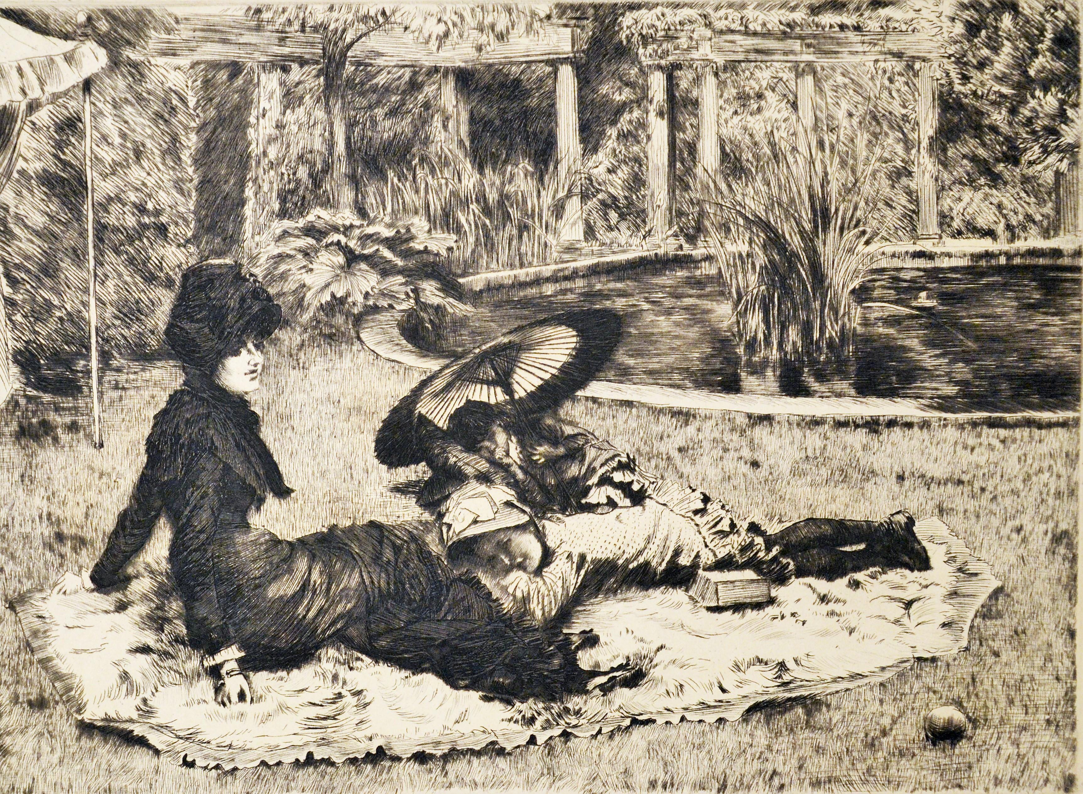 On the Grass - Etching and Drypoint by J. Tissot - 1880 - Print by James Tissot