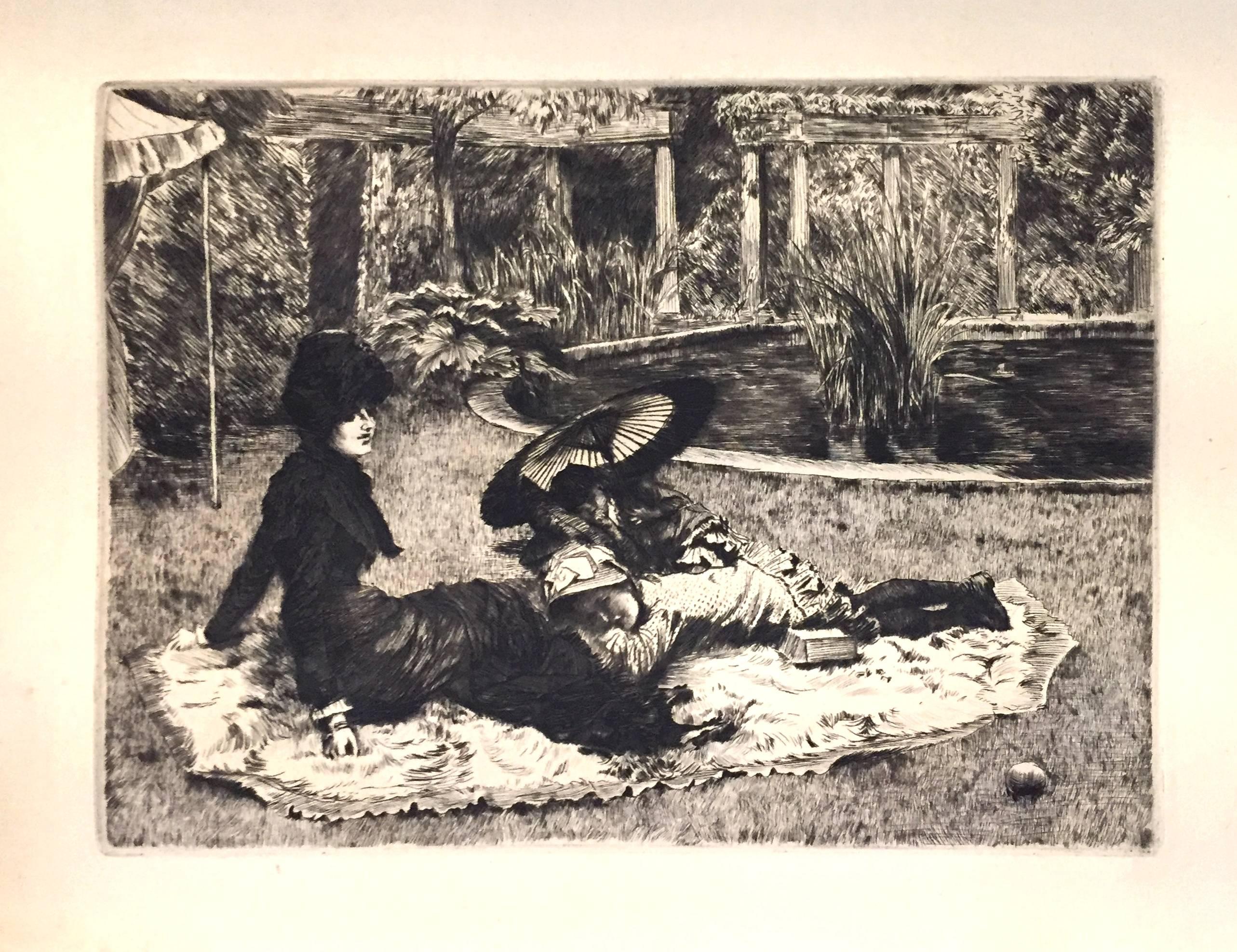 On the Grass - Etching and Drypoint by J. Tissot - 1880
