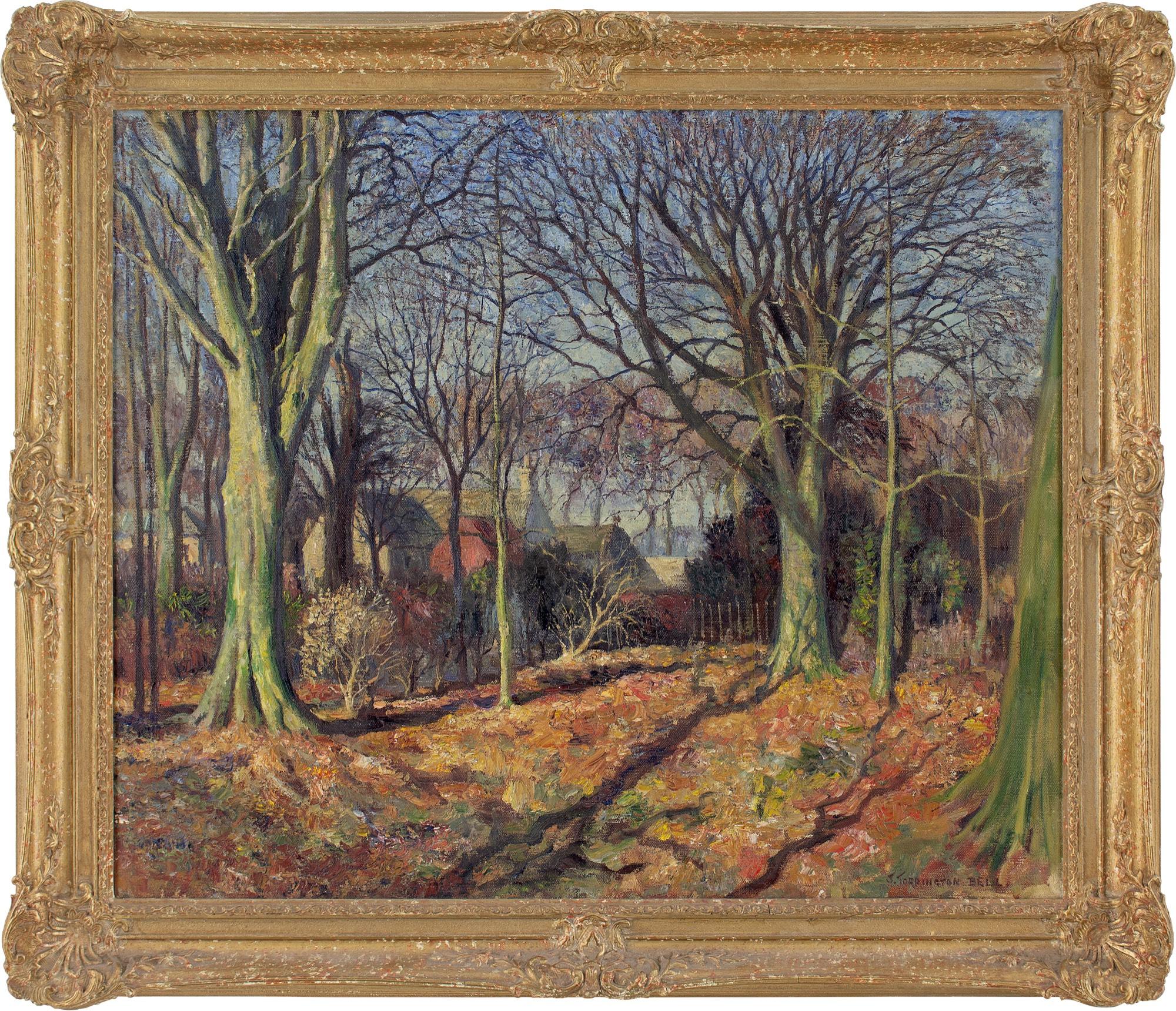 This mid-20th-century oil painting by Scottish artist James Torrington Bell (1892-1970) depicts a wooded view in Autumn with nearby dwellings. It’s a picturesque scene, which evokes the crunch of golden leaves and the sprawl of long shadows.

James