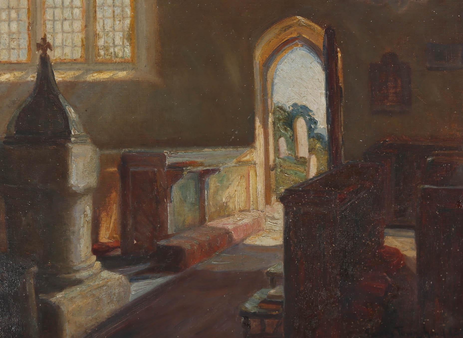 A charming early 20th Century interior scene showing a view of the inside of the Salcombe Regis Church, with sunlight pouring in through the open door, falling across the pews. The painting has a joyful Spring atmosphere. The artist has signed to