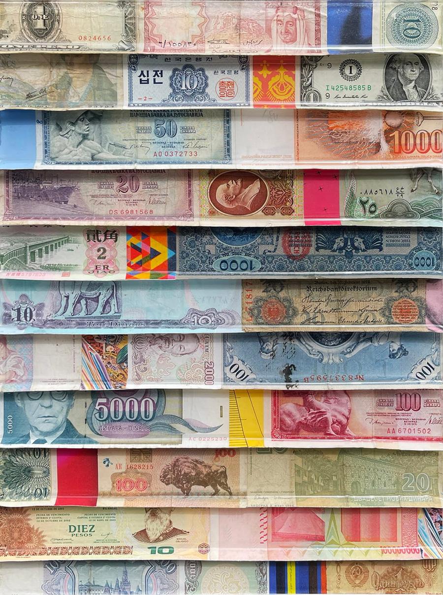 Artist:  Verbicky, James
Title:  Monetaire 31
Date:  2022
Medium:  Mixed Media with Rare Currency and Resin on wood
Unframed Dimensions:  16" x 12"
Signature:  Signed
Edition:  Unique

Born in Edmonton, Alberta, Canada from Polish descent, James