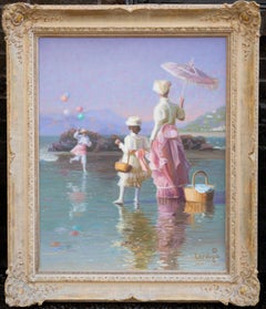 "Beach Party" Scene of Mother with Children and Balloons on the Beach