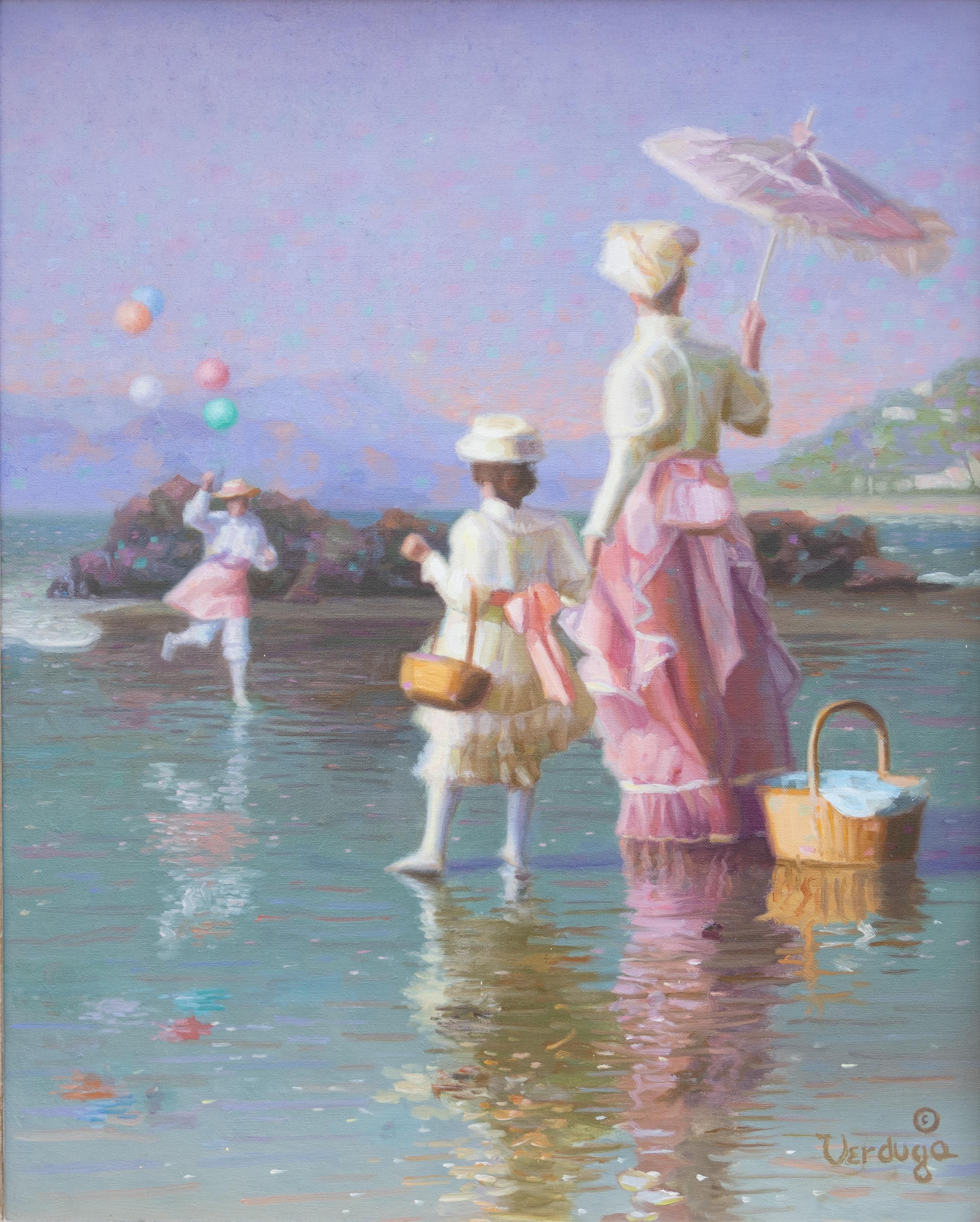 James Verdugo Figurative Painting - "Beach Party" Scene of Mother with Children and Balloons on the Beach