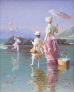 "Beach Party" Scene of Mother with Children and Balloons on the Beach