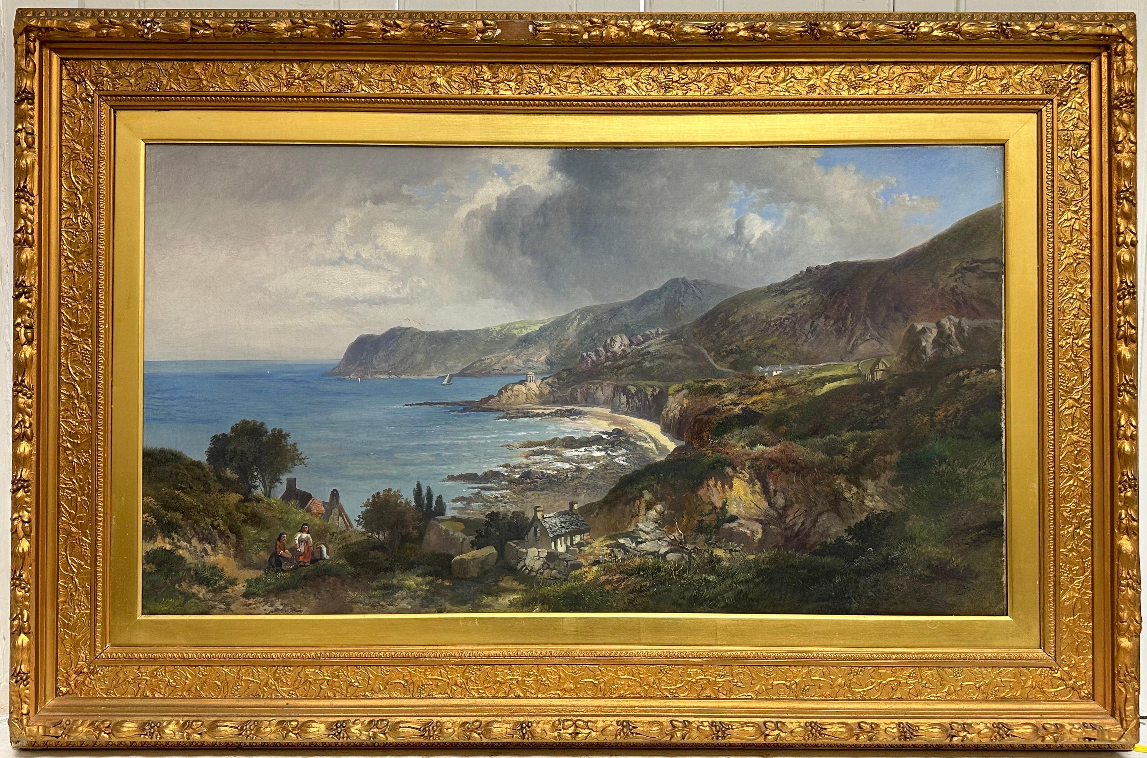 James Vivien de Fleury Figurative Painting - Huge Victorian Oil Painting Bonne Nuit Bay Jersey Coastal Scene Signed 1872