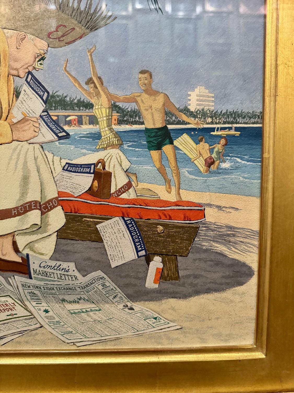 Originalumschlag für das Magazin The Saturday Evening Post, veröffentlicht am 23. Januar 1960

Ein Geschäftsmann sitzt am Strand eines Resorts, umgeben von Finanzzeitungen und Bürokommunikation

In unserem digitalen Zeitalter ist es leicht, von der