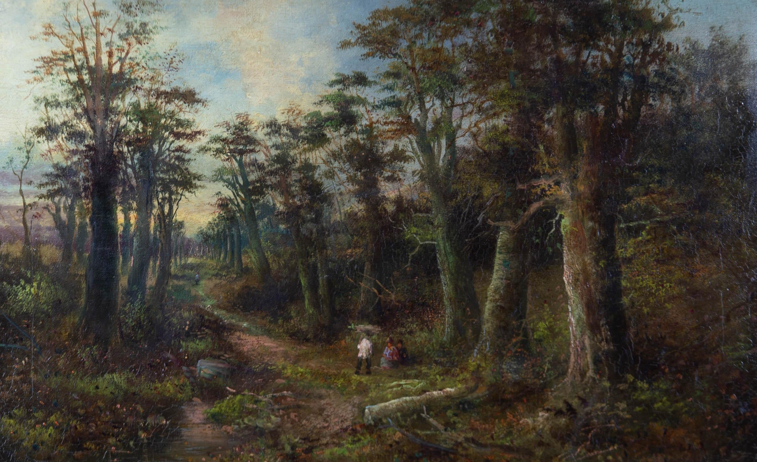 A rustic oil woodland scene showing a long avenue of trees that winds far into the distance. The land around and path between the trees is full of shrubs and undergrowth. Several figures can be seen at different points along the path. The artist has