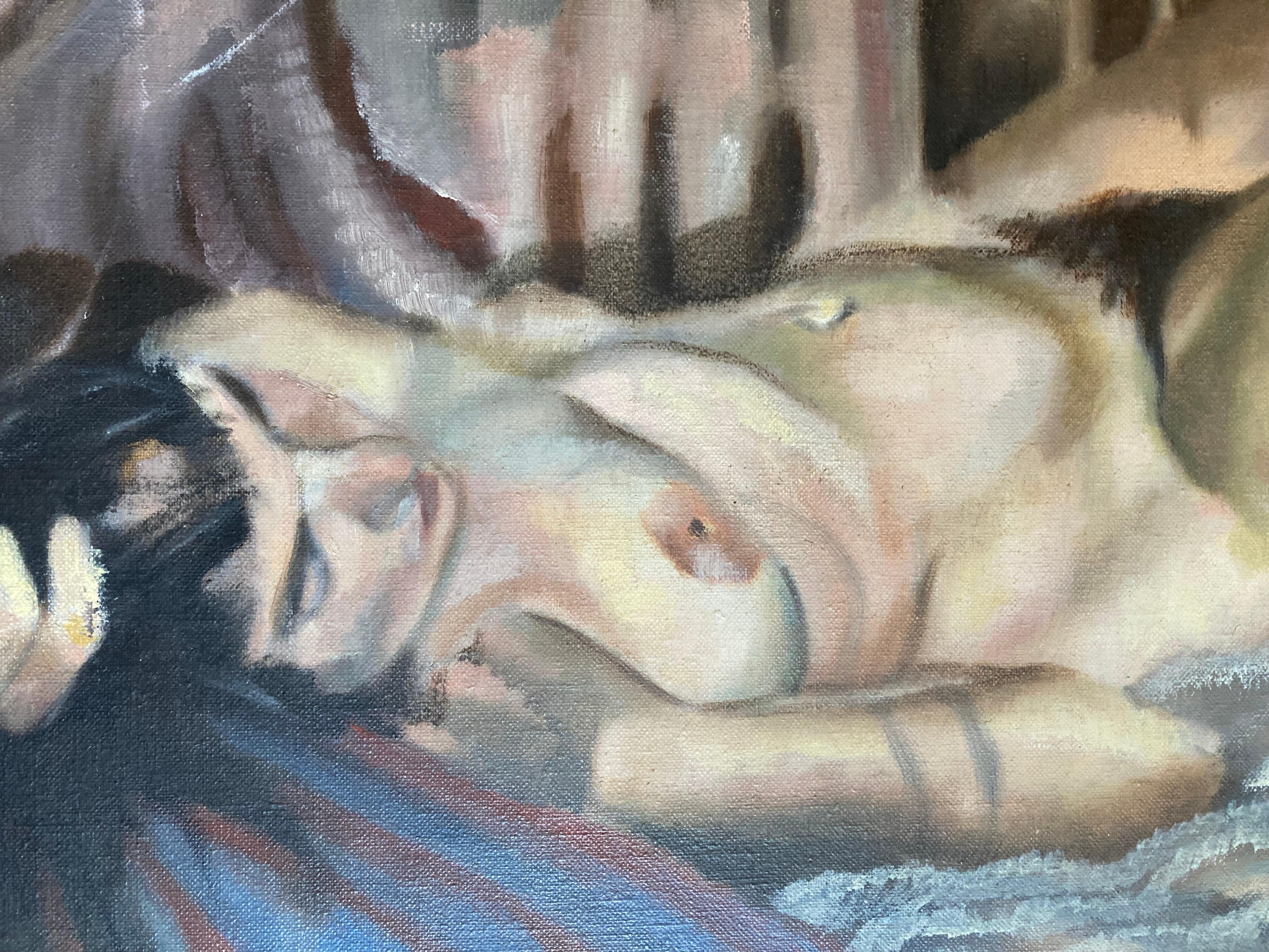 Resting Nude  (Contemporary Figurative Oil Painting, Framed) - Gray Figurative Painting by James Wallace