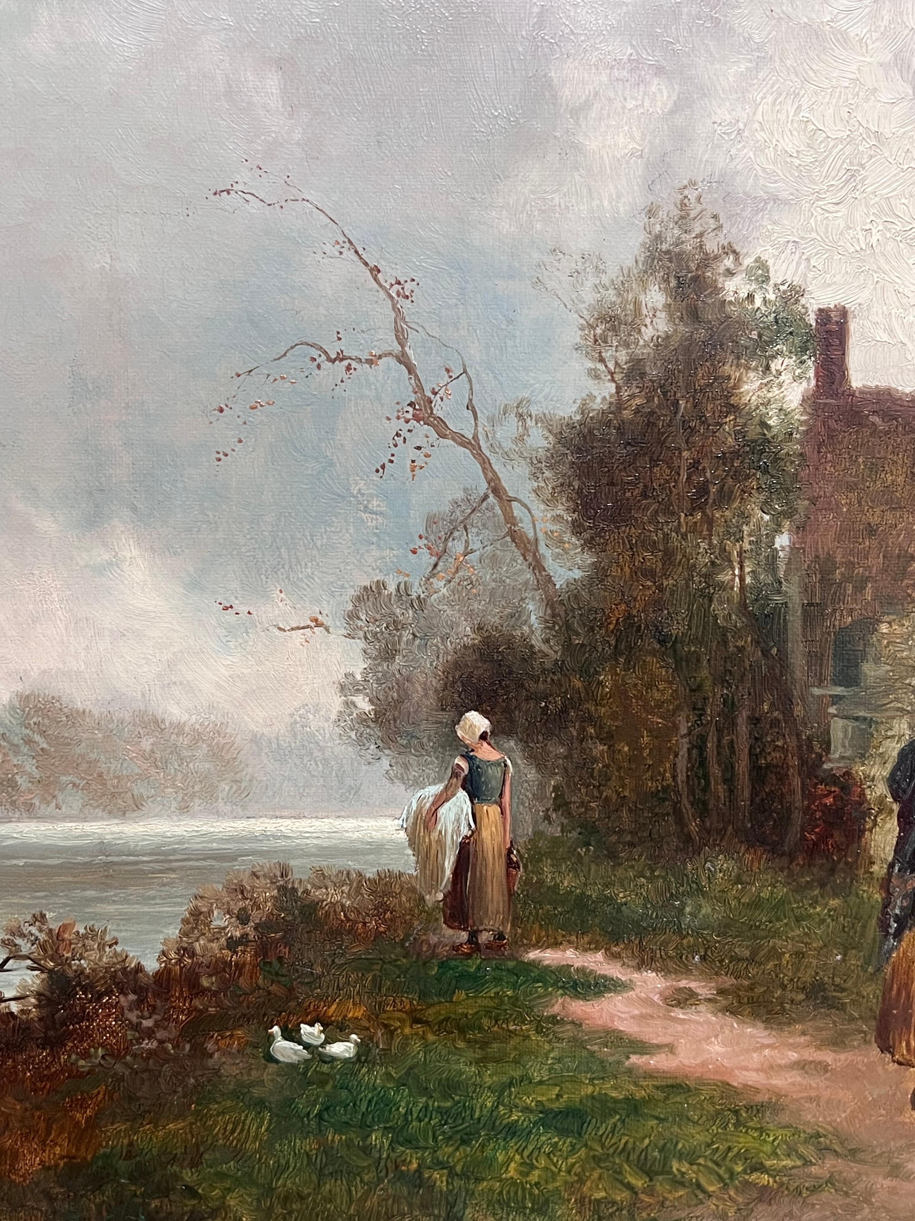 Fine Victorian British Oil Painting Young Family Walking to Church Twilight For Sale 7