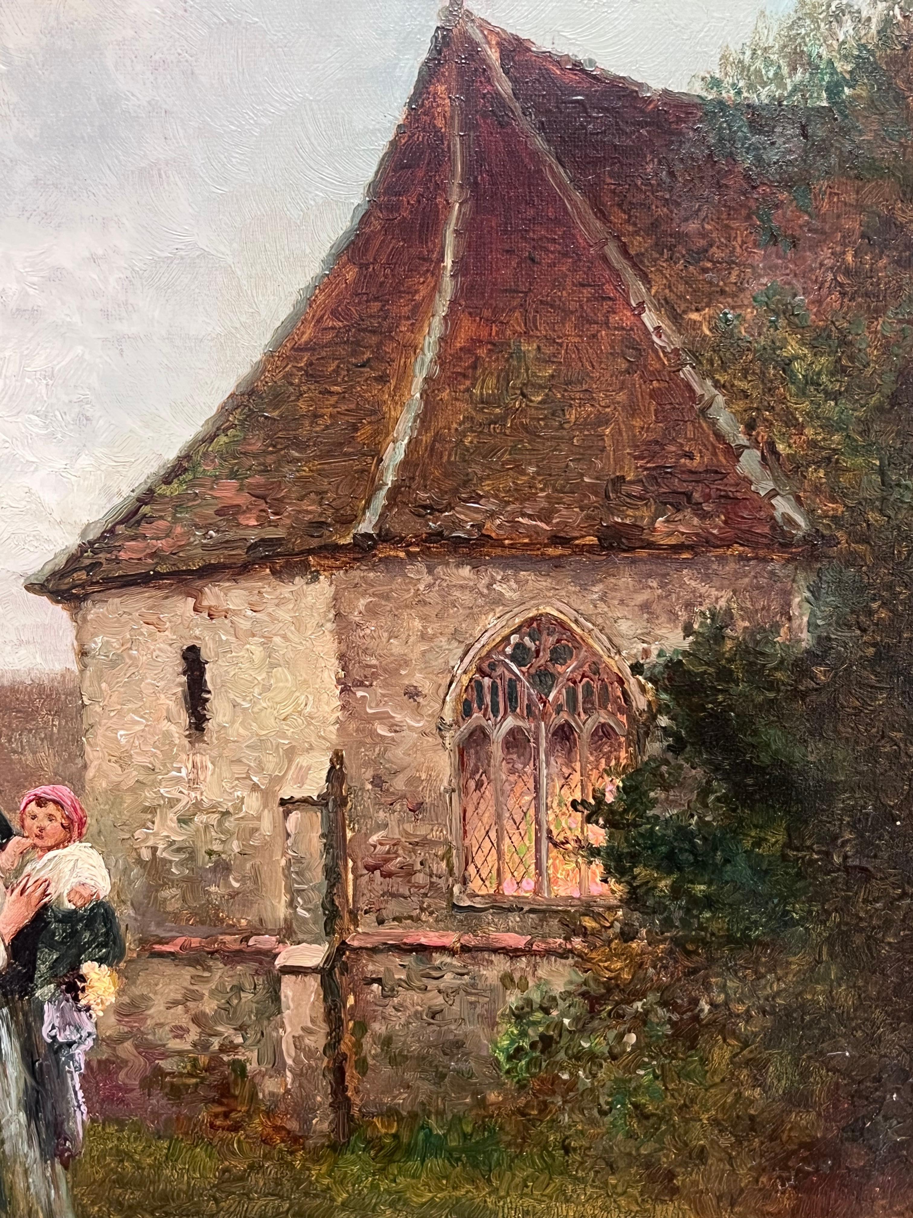 Fine Victorian British Oil Painting Young Family Walking to Church Twilight For Sale 8