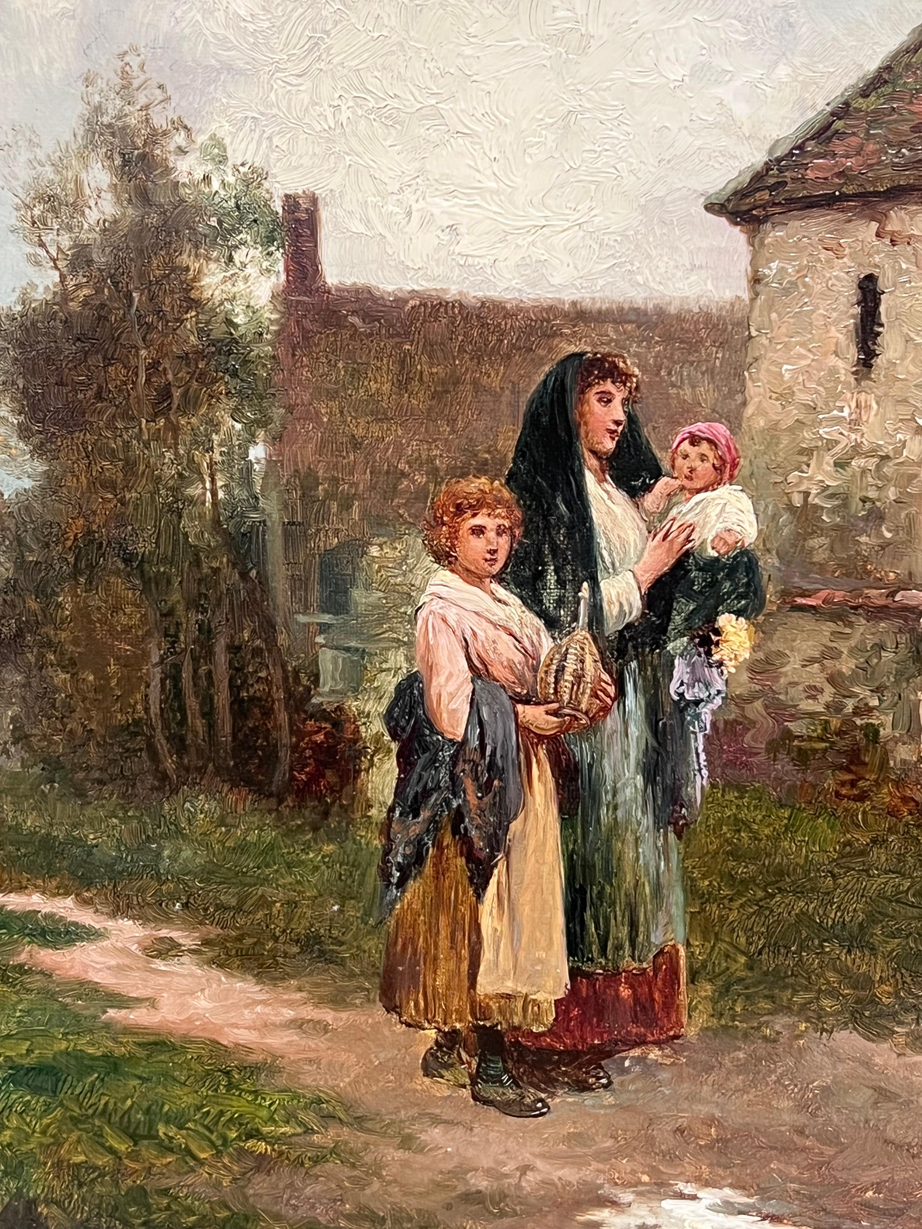 Fine Victorian British Oil Painting Young Family Walking to Church Twilight For Sale 9