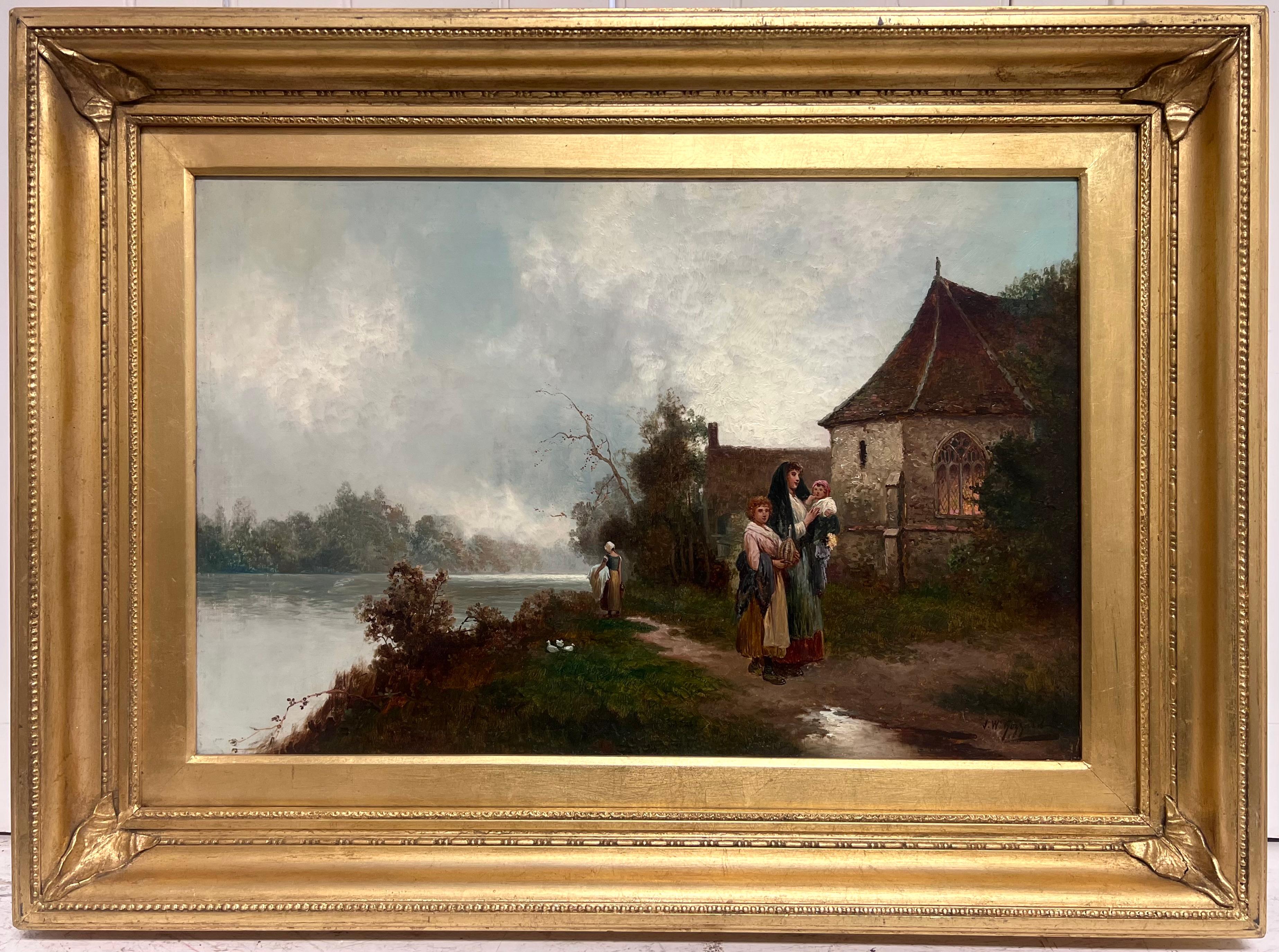 Fine Victorian British Oil Painting Young Family Walking to Church Twilight - Brown Landscape Painting by James Walter Gozzard (1888-1950)