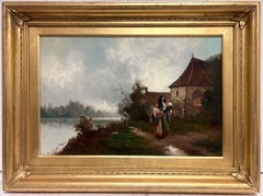 Fine Victorian British Oil Painting Young Family Walking to Church Twilight