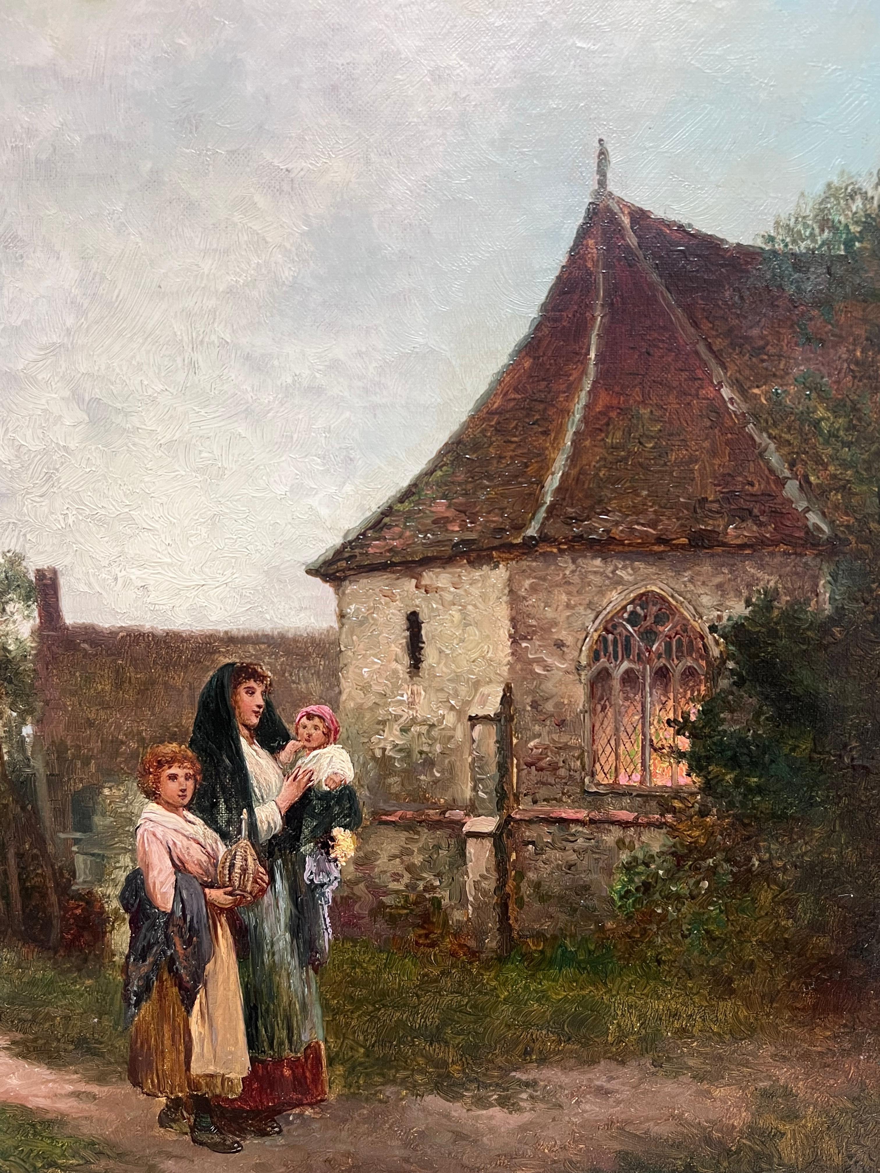 Fine Victorian British Oil Painting Young Family Walking to Church Twilight For Sale 1