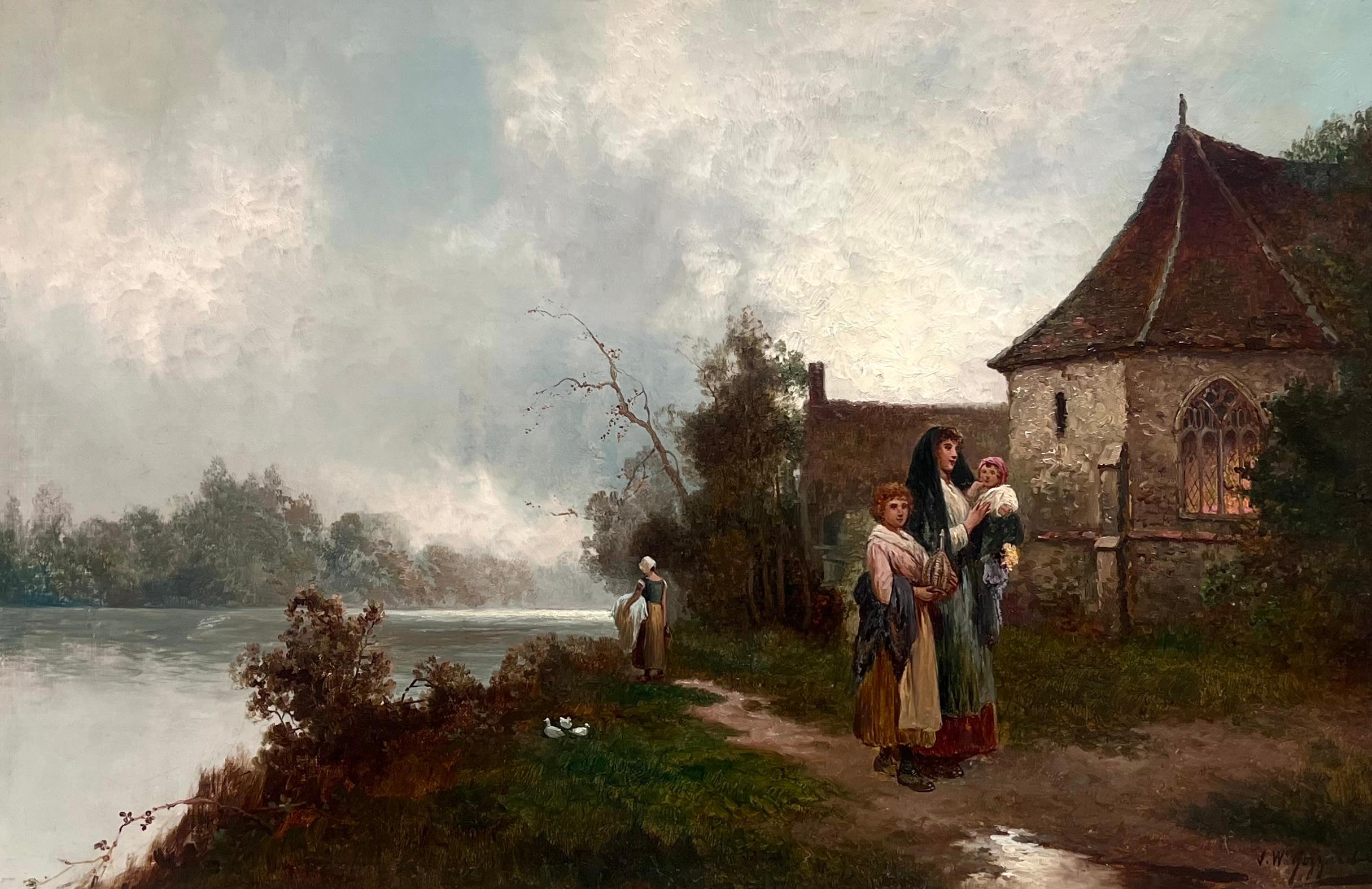 Fine Victorian British Oil Painting Young Family Walking to Church Twilight For Sale 2