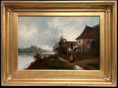 Fine Victorian British Oil Painting Young Family Walking to Church Twilight