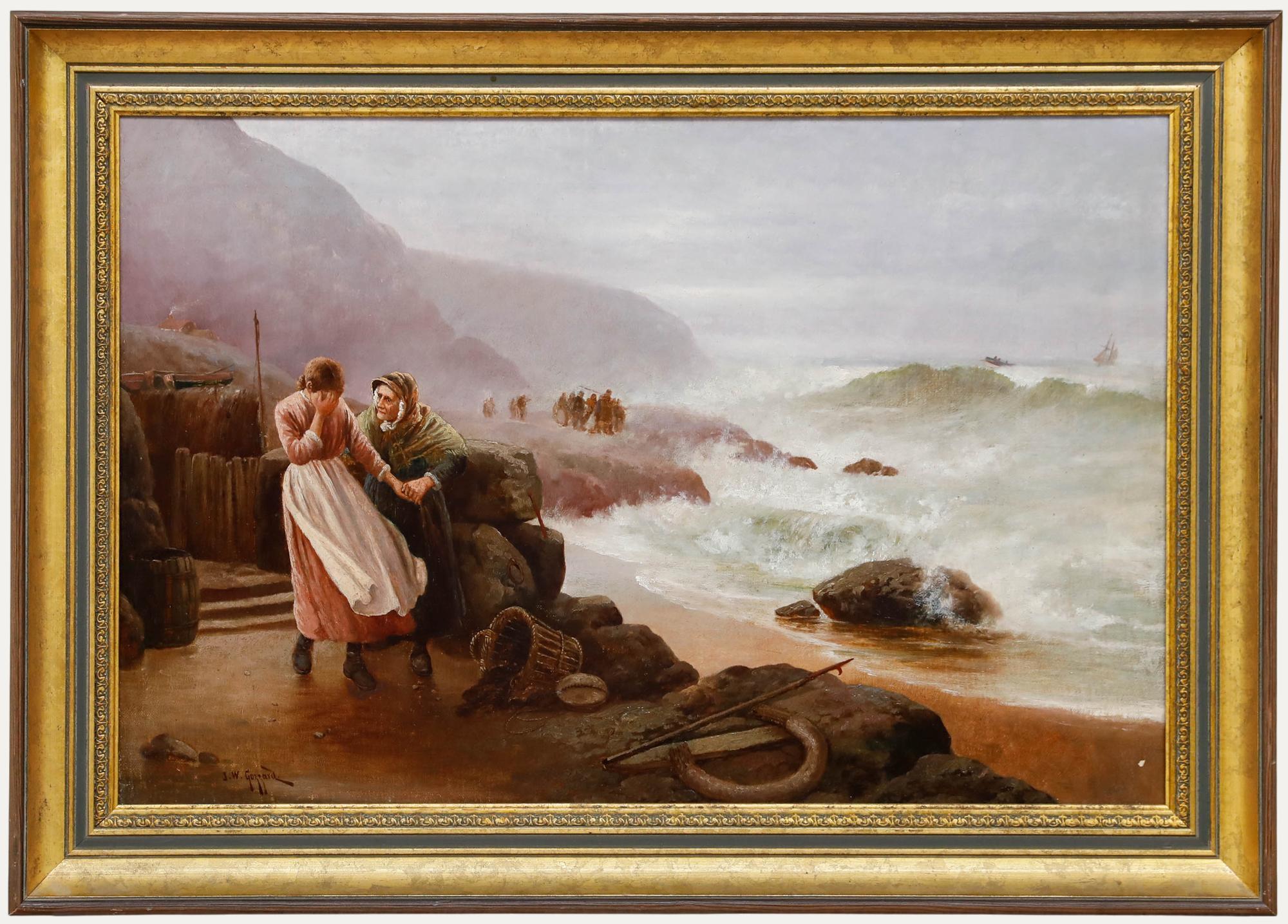 Una scena tragica di James Walter Gozzard. Un'anziana donna consola una giovane donna sconvolta, mentre il mare impetuoso fornisce una spiegazione al suo dolore. Acquistato in coppia, il pezzo di accompagnamento (sr324) è presente anche sul nostro
