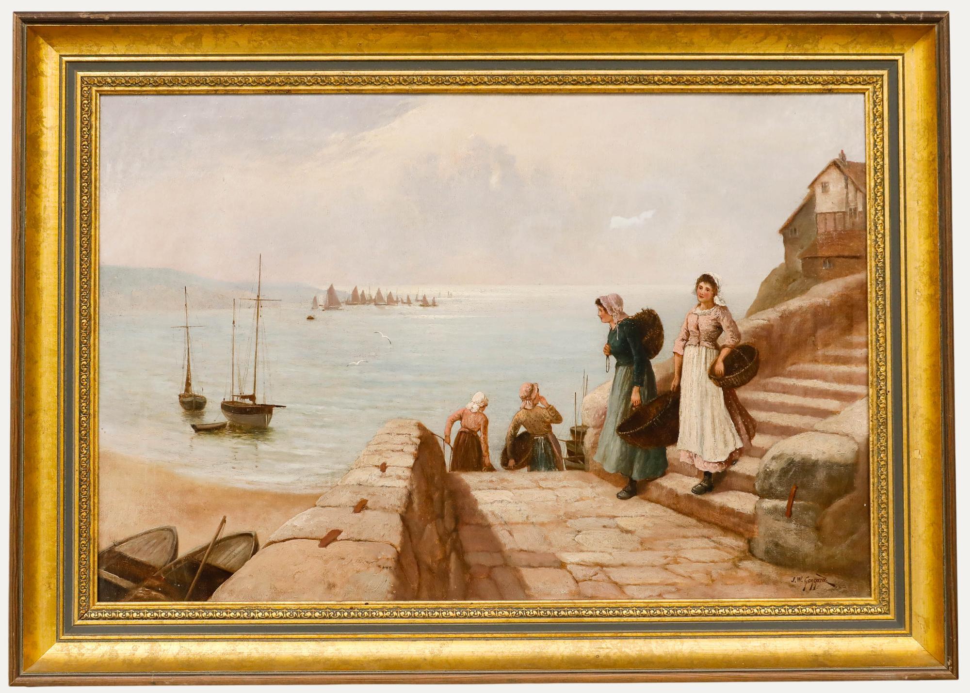 A charming scene depicting sailors' wives carrying baskets to the seafront as a fleet of fishing ships sails toward shore. This work was acquired as part of a pair. The companion piece is also available on our website (sr296), and presents a tragic