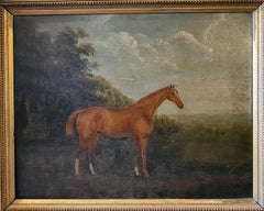 Portrait à l'huile équestre anglais, cheval de course dans un paysage arcadien.