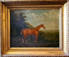 Antique English Equestrian Oil Portrait, Racehorse in an Arcadian landscape.