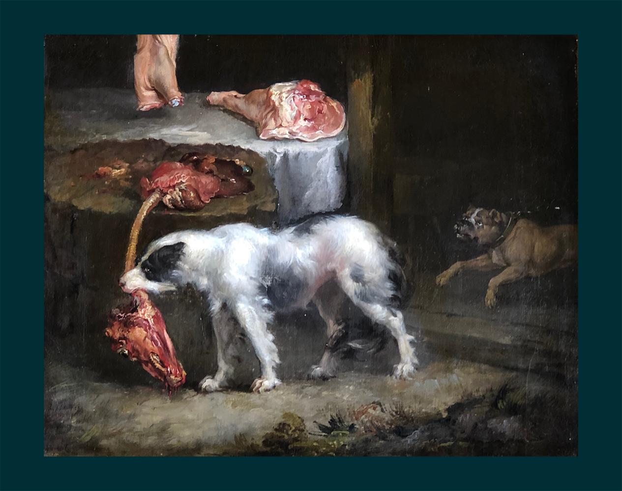 with a Wild Boar/A Dog Stealing Meat    
Fine and rare pair of high quality, canine studies by the celebrated sporting artist James Ward (1769 -1859)  These lively paintings, both have a great depth of colour, and attention to light and shade.