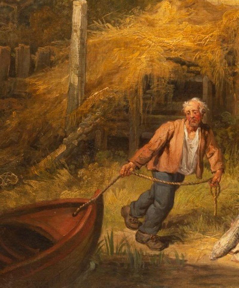 James ward, Landschaft, Ölgemälde „bringing in the Catch“ (Braun), Landscape Painting, von James Ward