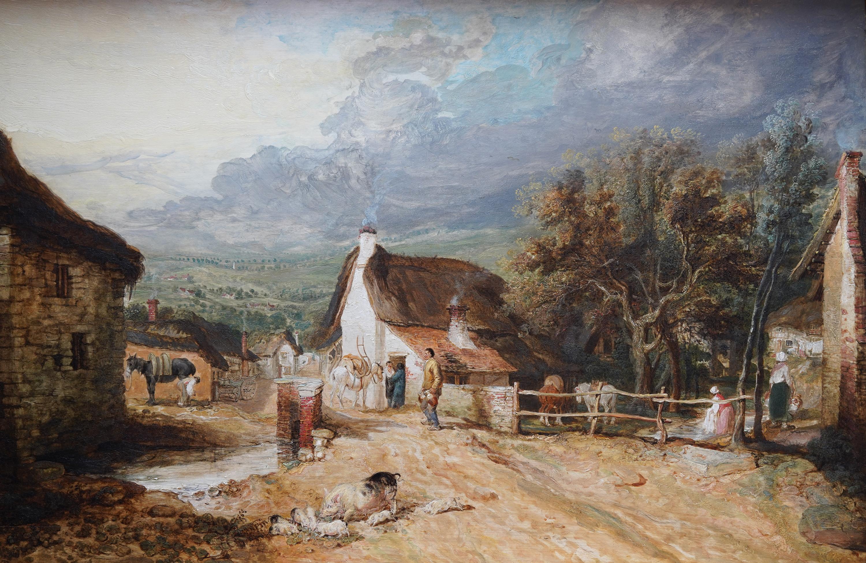 Escena de pueblo Figuras y animales - Pintura al óleo pastoral exh del Viejo Maestro británico en venta 14