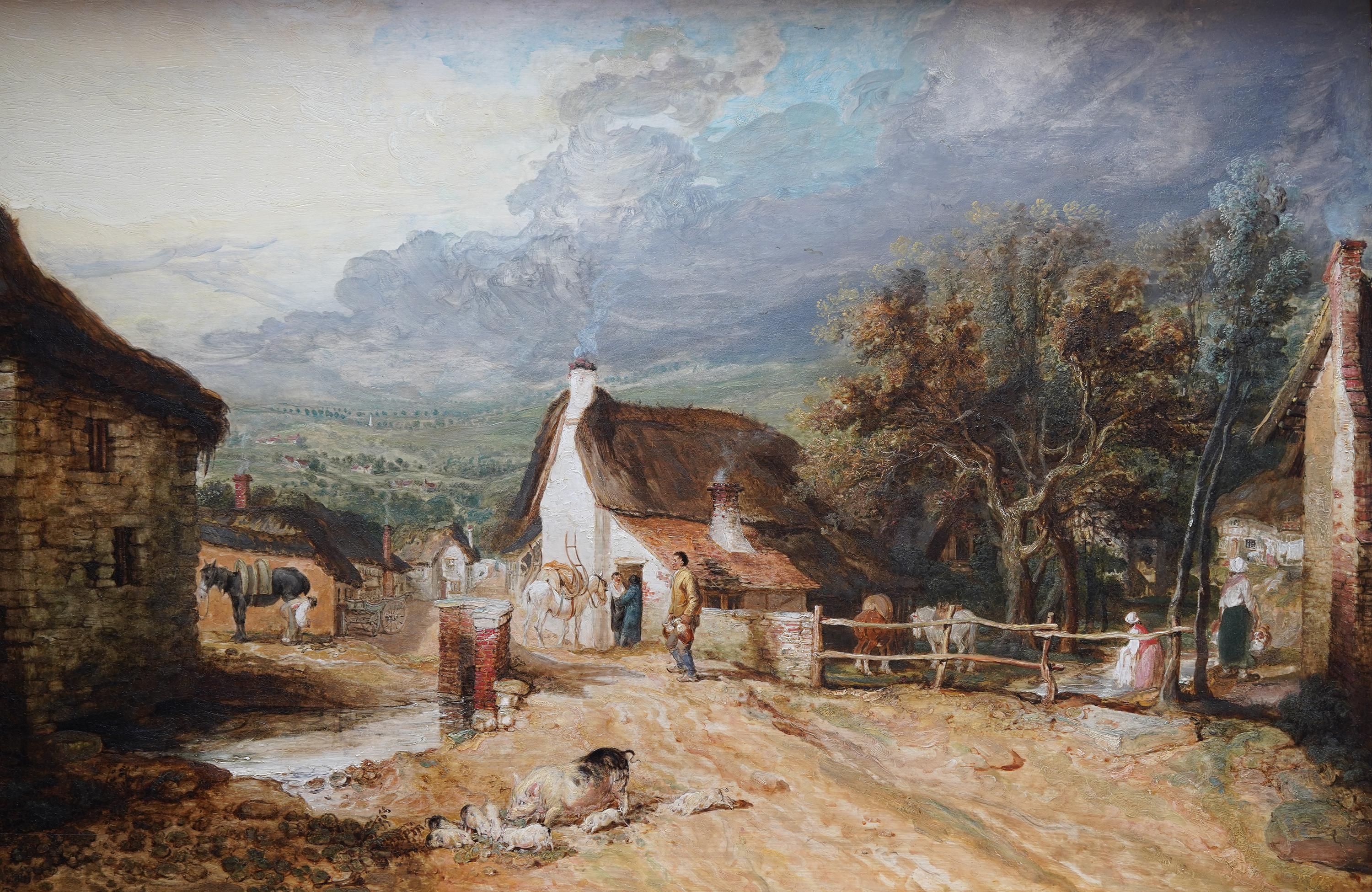 Village Scene Figures & Animals - British Old Master exh pastoral oil painting  - Painting by James Ward