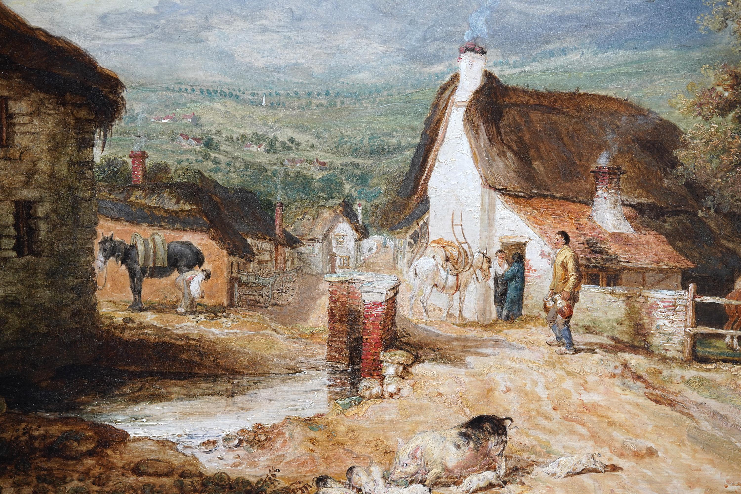 Village Scene Figures & Animals - British Old Master exh pastoral oil painting  For Sale 1