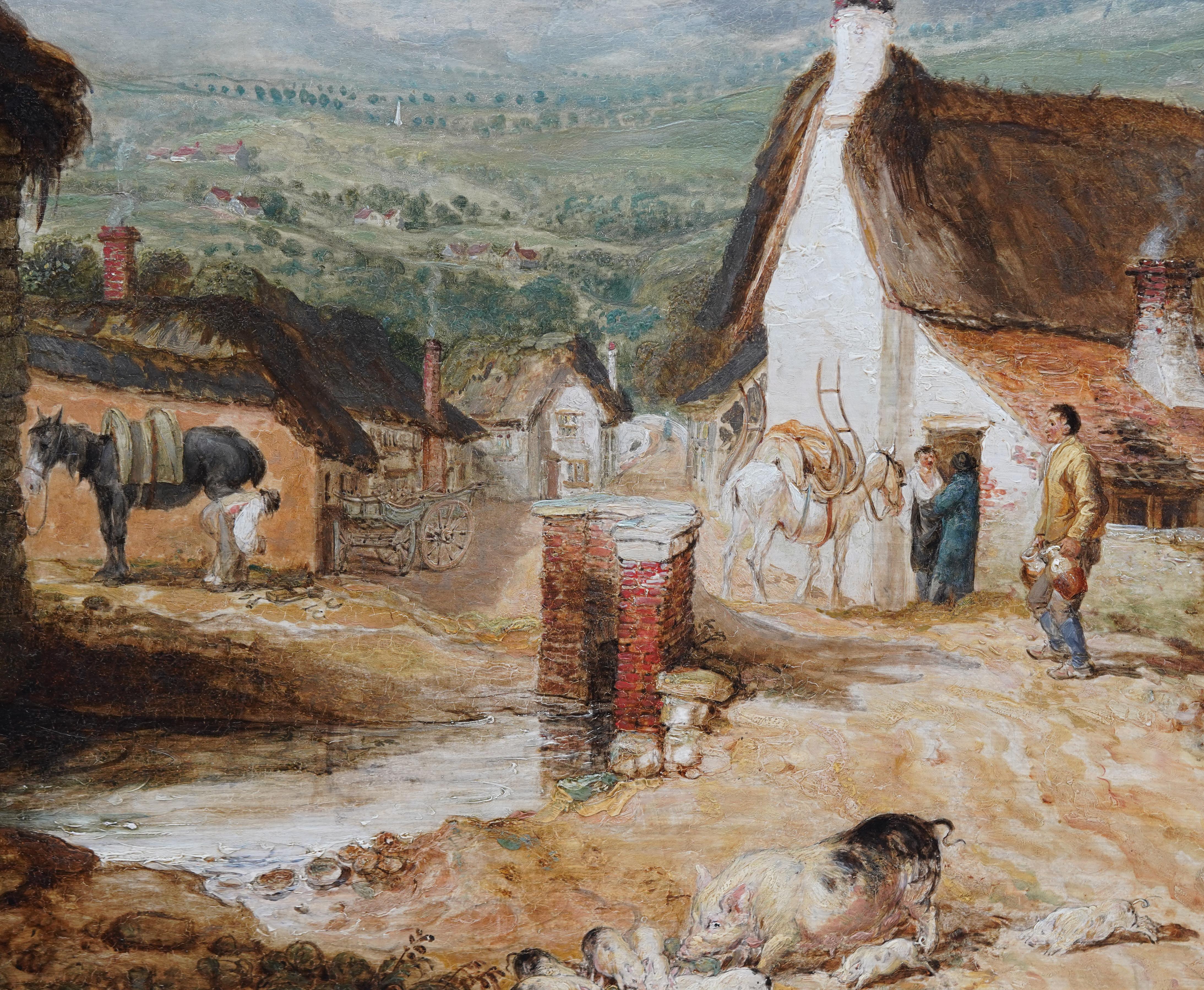 Village Scene Figures & Animals - British Old Master exh pastoral oil painting  For Sale 3