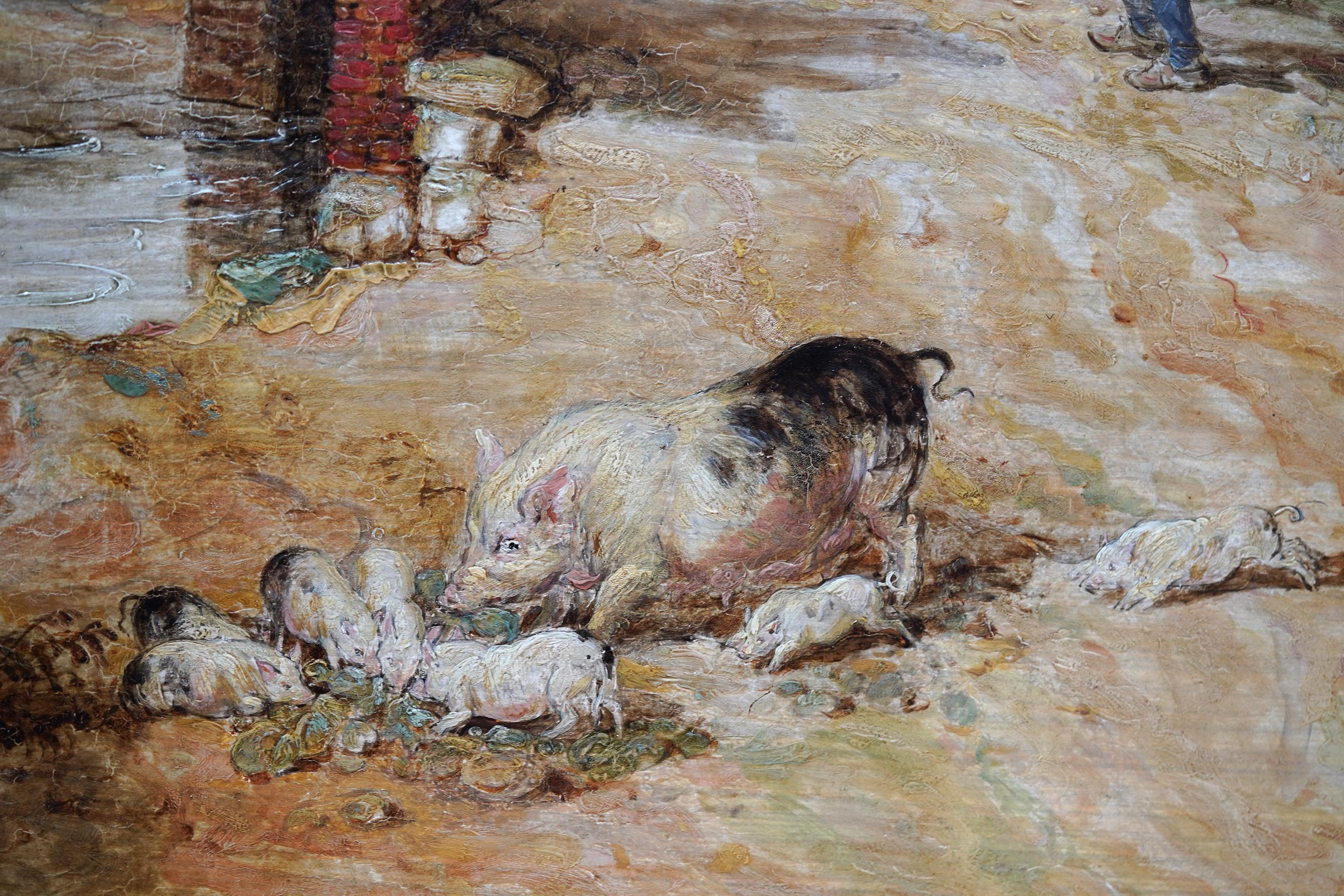 Escena de pueblo Figuras y animales - Pintura al óleo pastoral exh del Viejo Maestro británico en venta 3