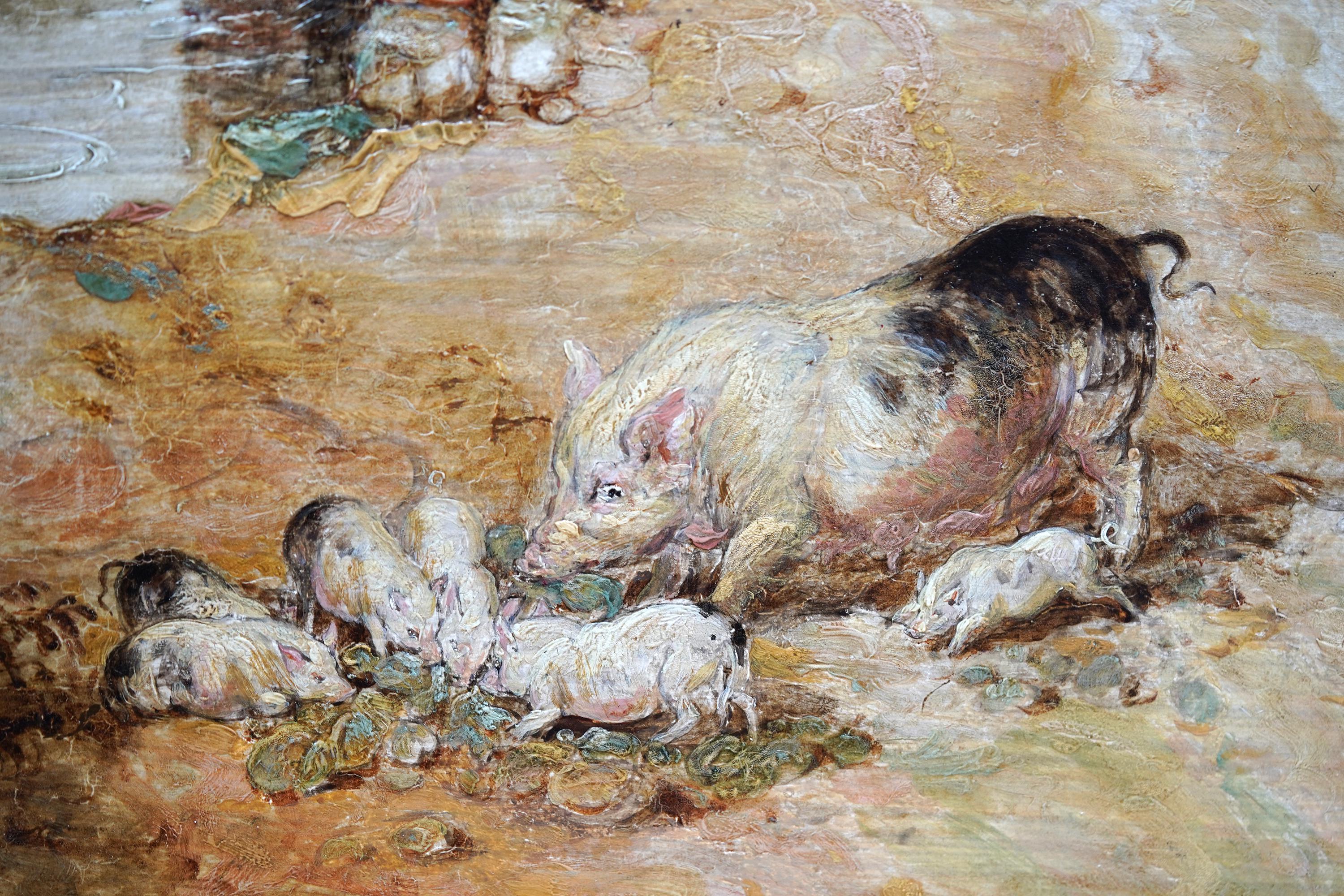 Village Scene Figures & Animals - British Old Master exh pastoral oil painting  For Sale 5