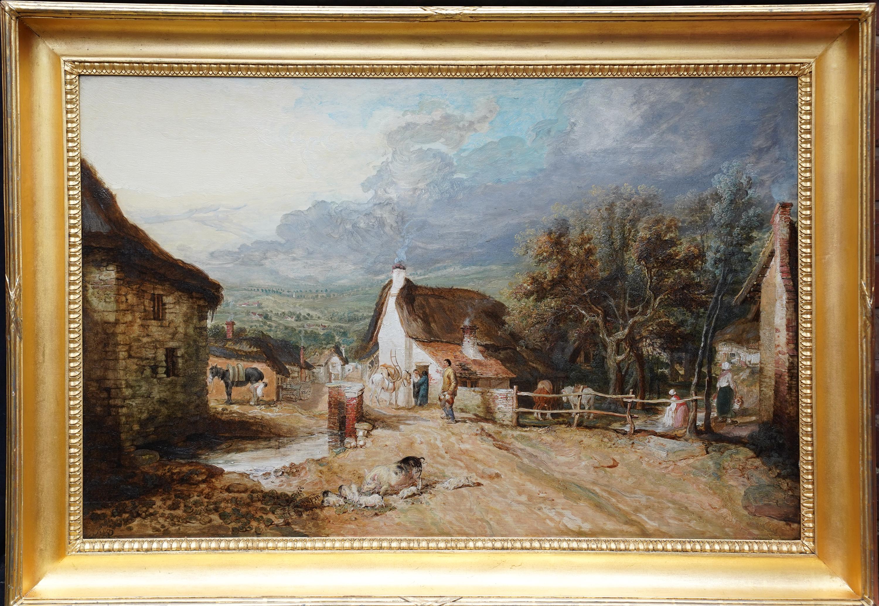 James Ward Animal Painting - Village Scene Figures & Animals - British Old Master exh pastoral oil painting 