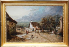 Village Scene Figures & Animals - British Old Master exh pastoral oil painting 