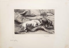 Bulls Fighting /// Antique Victorian Animal Landscape Etching Landscape Horse