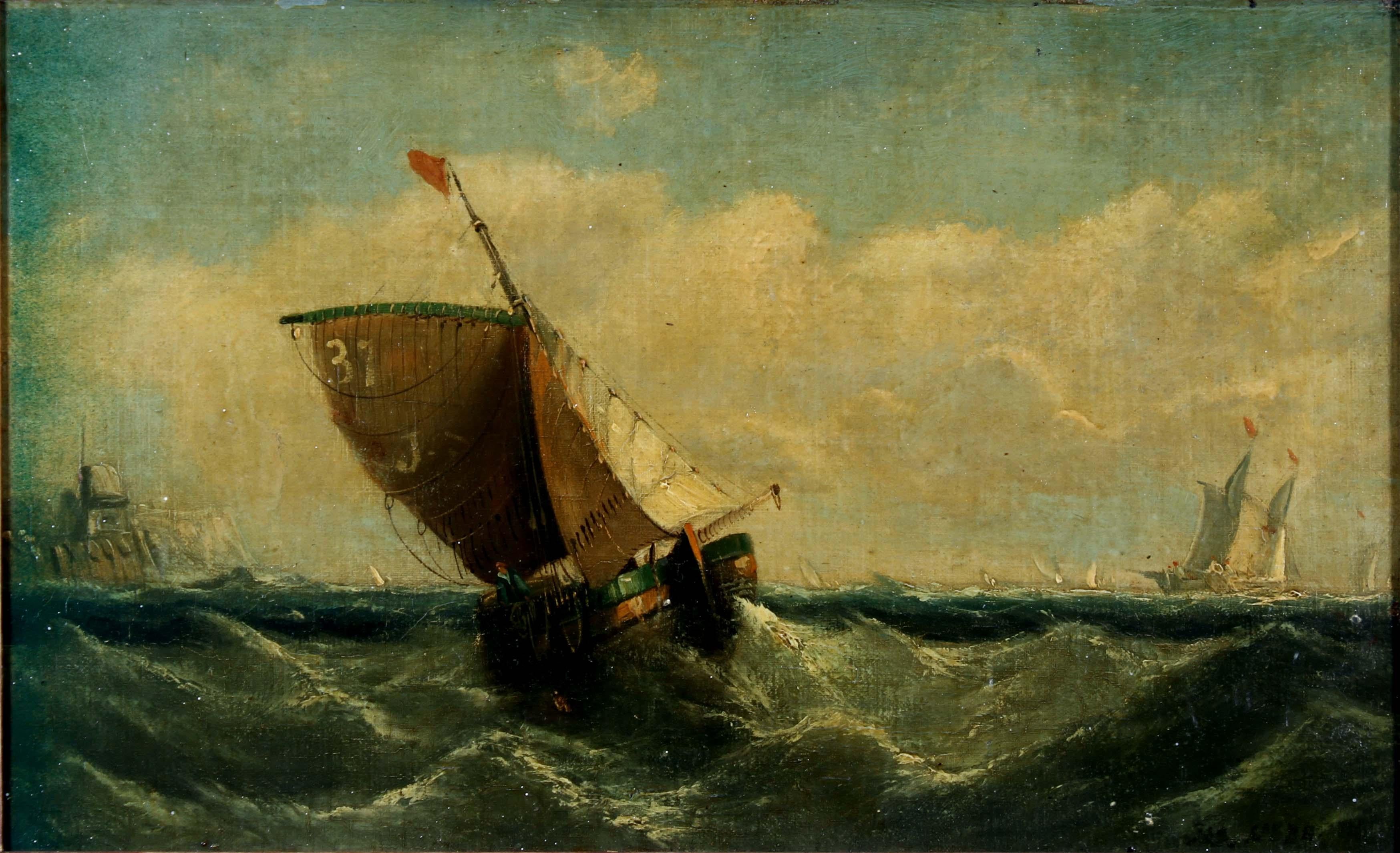 A rare and historic 19th century oil painting on board depicting a ship at sea marked “37” on the sail by British painter James Webb. Verso annotated “purchased by Geisler Galleries from London Museum 1966.” Webb specialized in marine views and