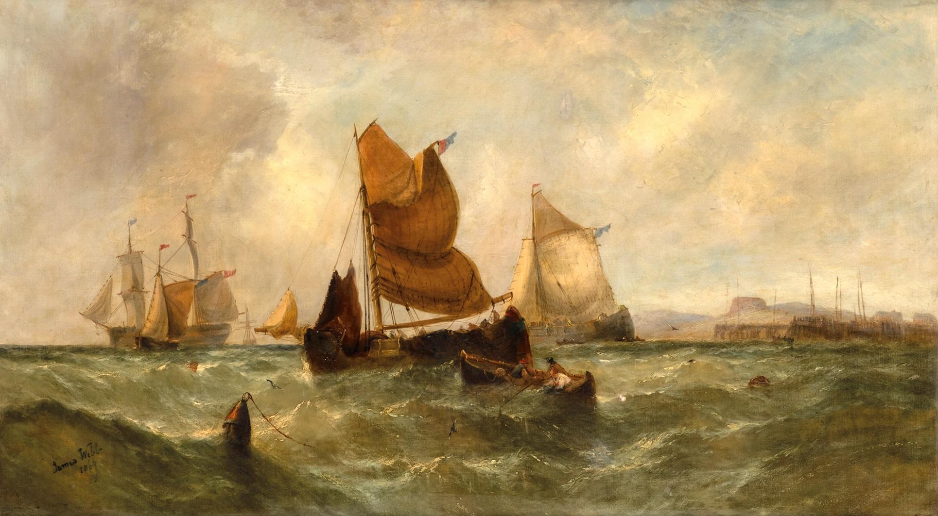 Marine View Boats James Webb Paint Oil on canvas 19th Century English Water See  - Painting by James Webb (London 1825–1895)