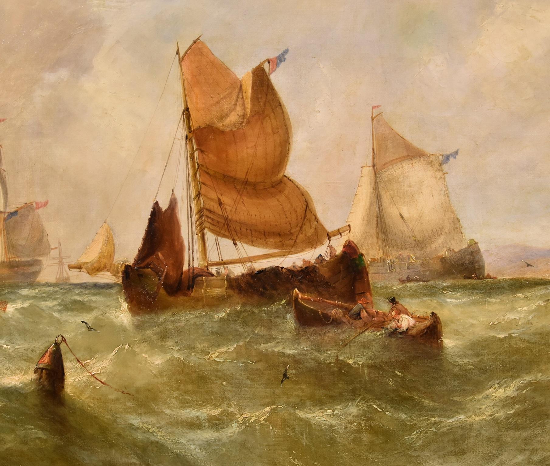 Marine View Boats James Webb Paint Oil on canvas 19th Century English Water See  - Expressionist Painting by James Webb (London 1825–1895)