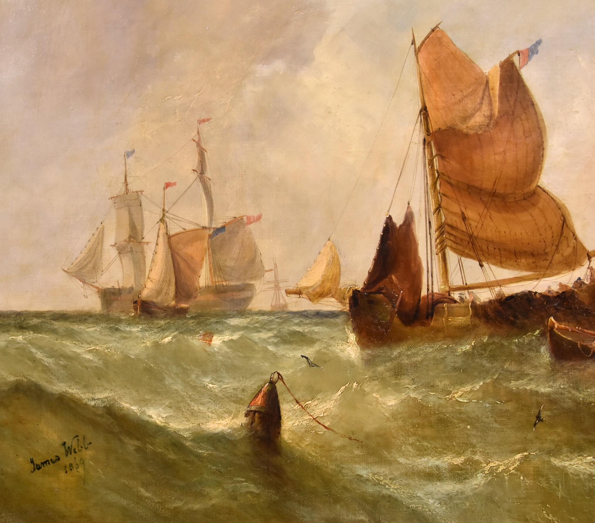 Marine View Boats James Webb Paint Oil on canvas 19th Century English Water See  - Beige Landscape Painting by James Webb (London 1825–1895)