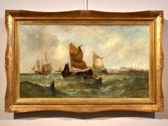 Antique Marine View Boats James Webb Paint Oil on canvas 19th Century English Water See 
