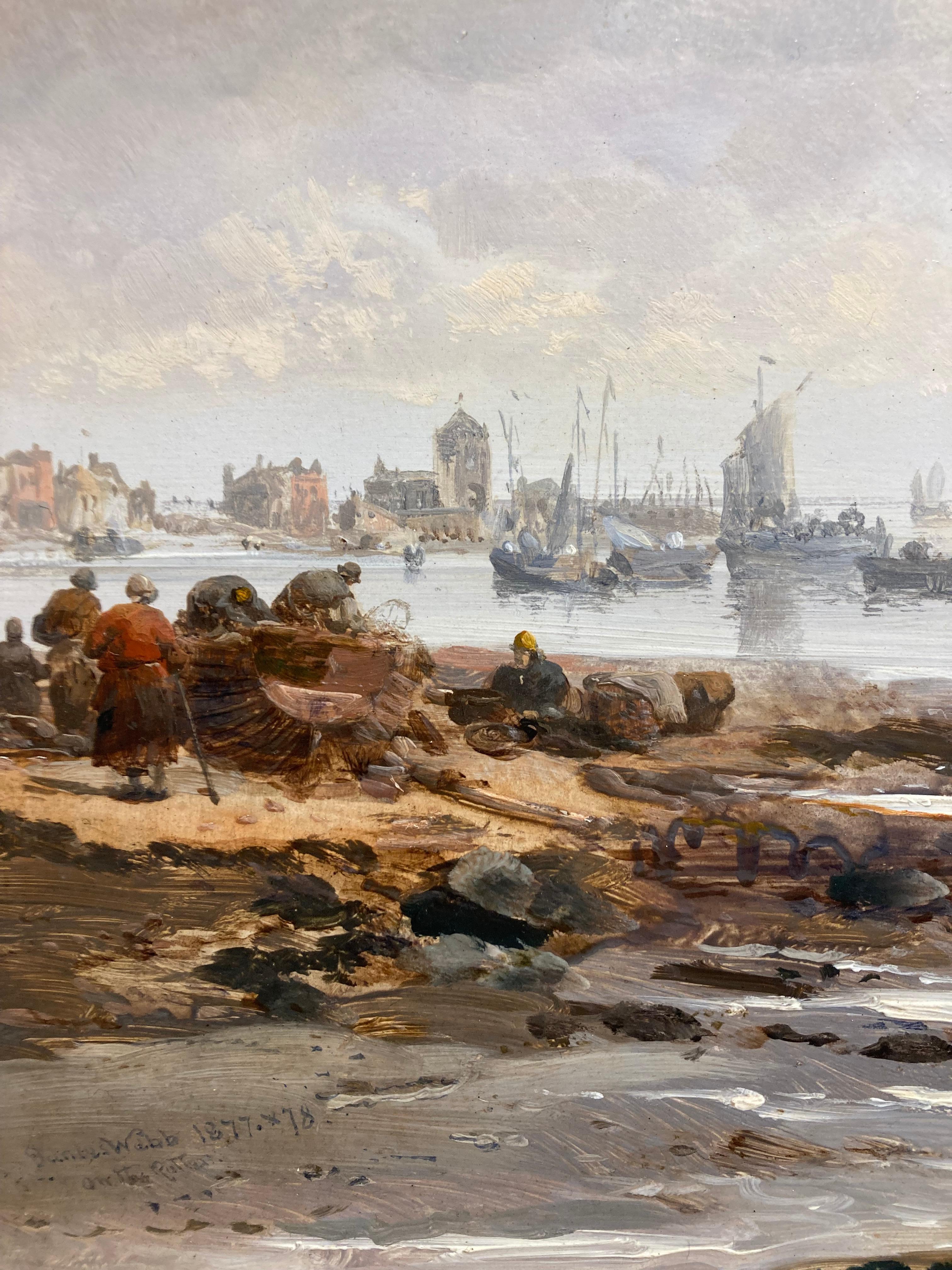 Óleo marítimo victoriano Navegación y pescadores en la costa de Rotterdam - Painting Victoriano de James Webb