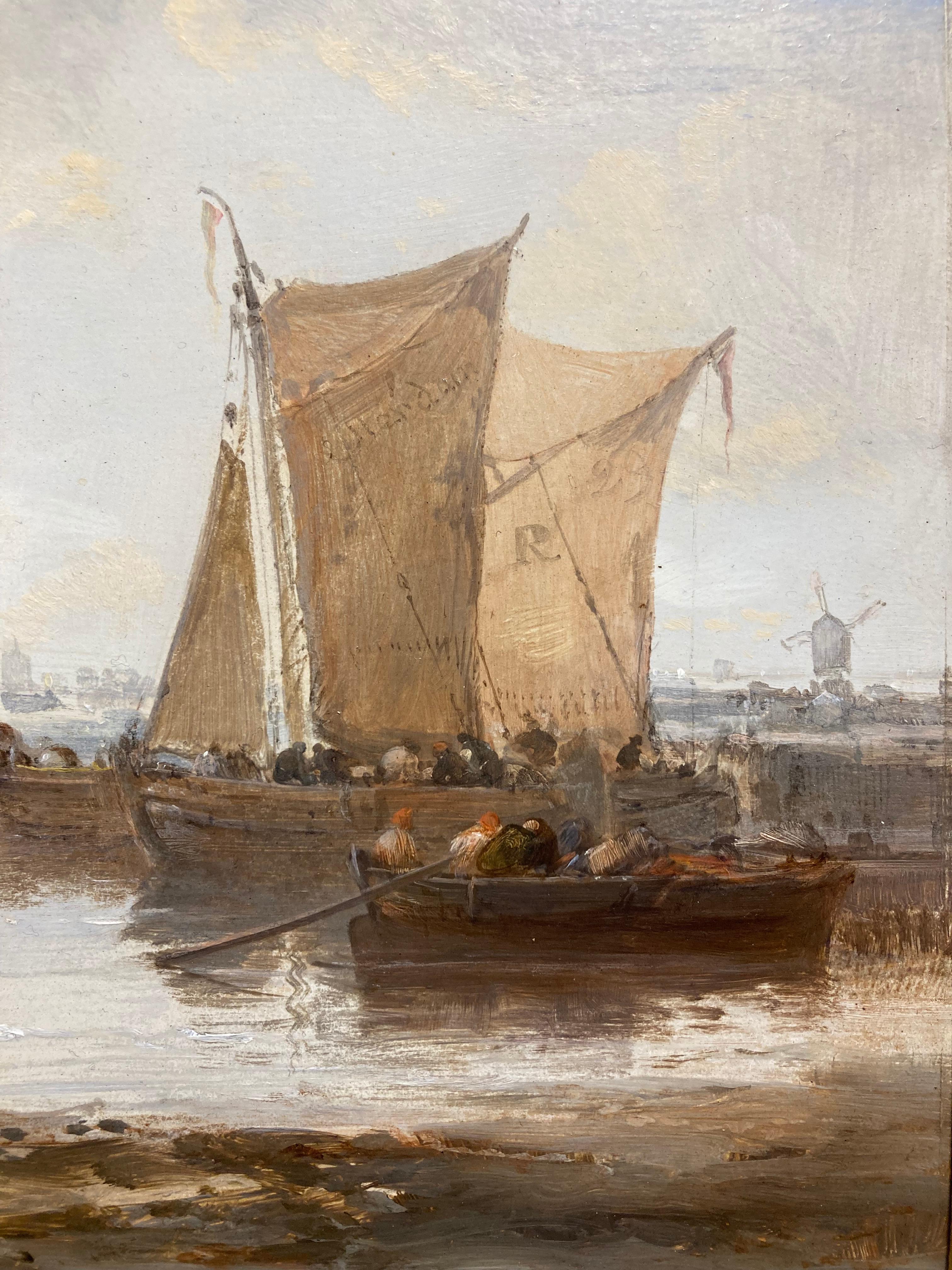 Óleo marítimo victoriano Navegación y pescadores en la costa de Rotterdam - Landscape Painting Marrón de James Webb