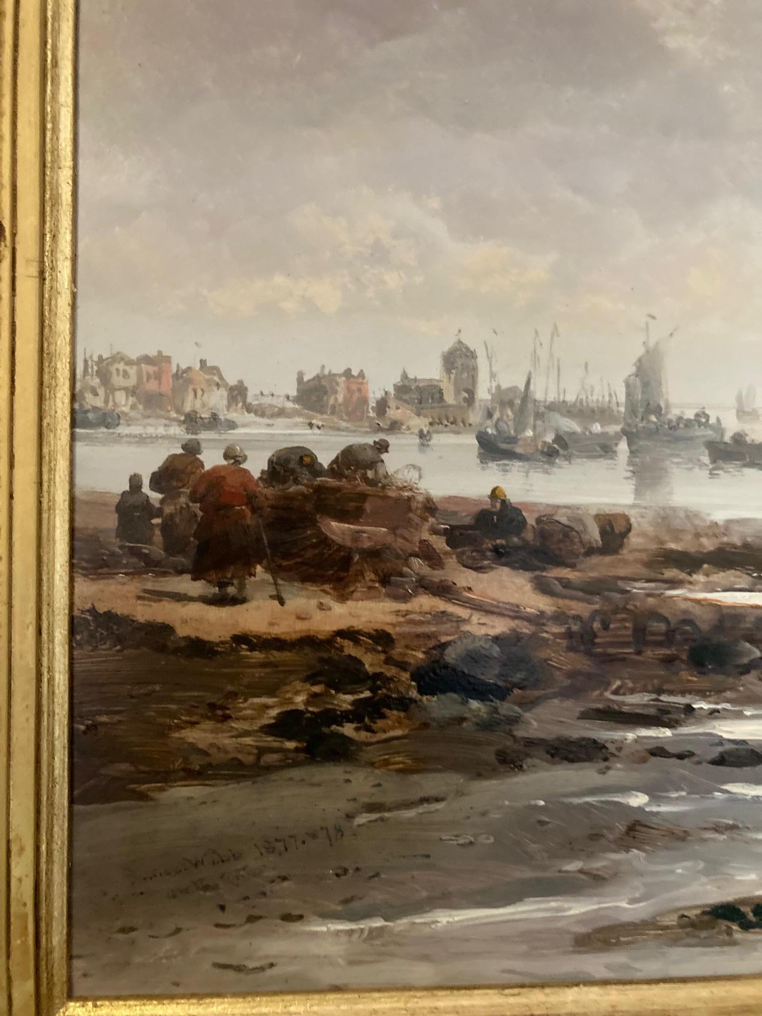 19th Century Boats and Fisherfolk at dawn off the Coast Rotterdam, oil painting - Victorian Painting by James Webb