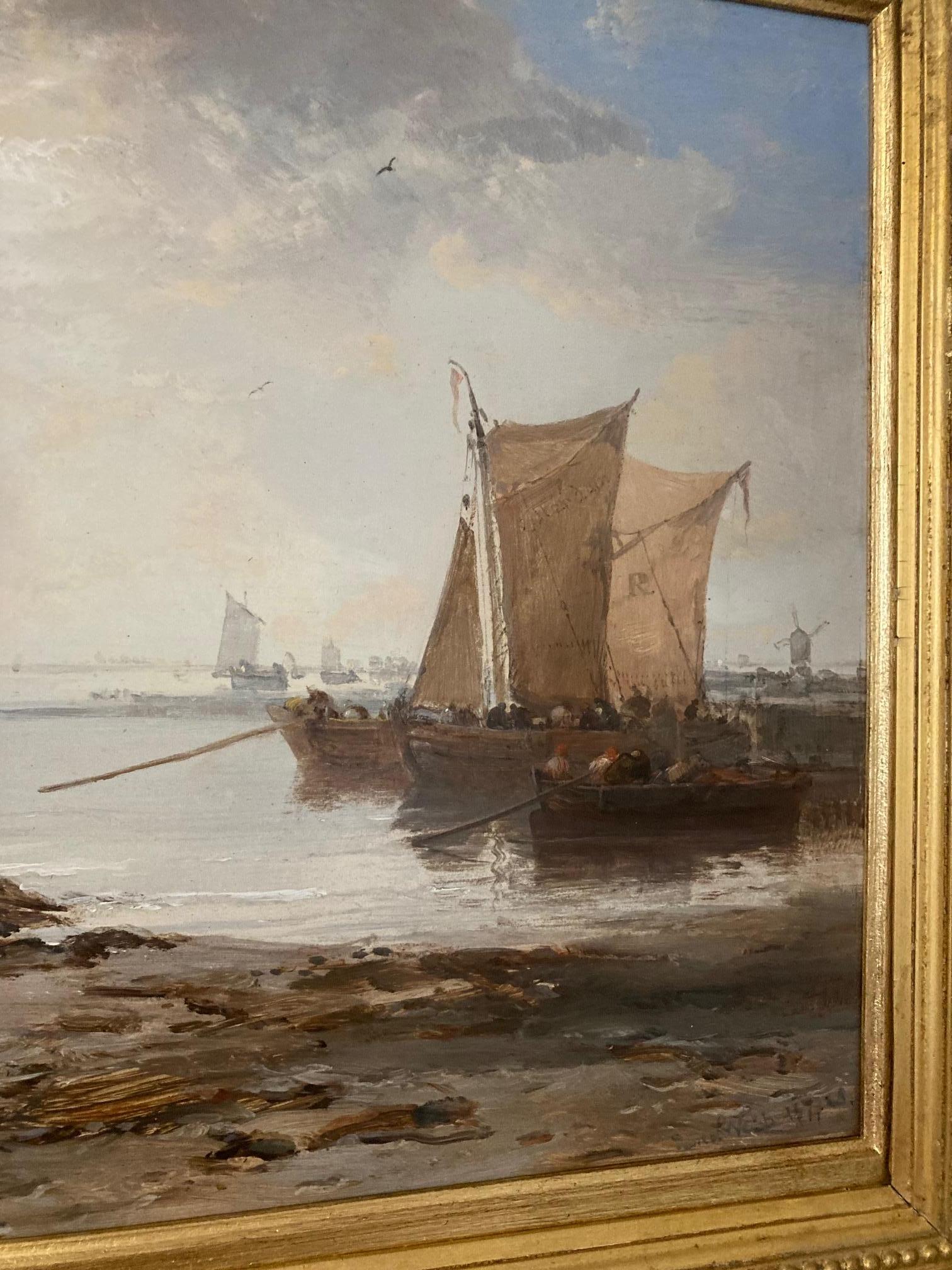 19th Century Boats and Fisherfolk at dawn off the Coast Rotterdam, oil painting - Brown Landscape Painting by James Webb