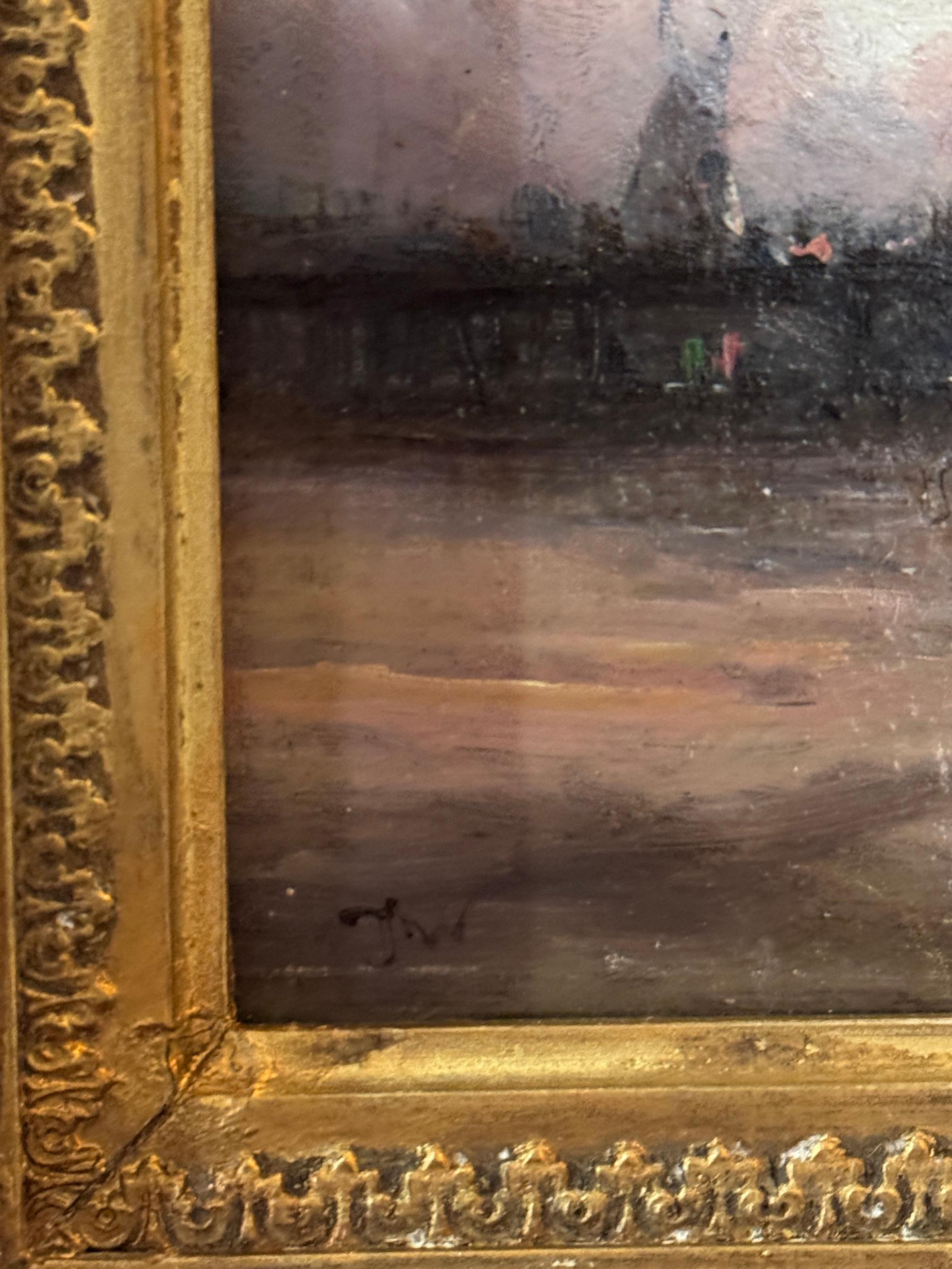 19th century English fishing boat with the tide out on a shore - Painting by James Webb