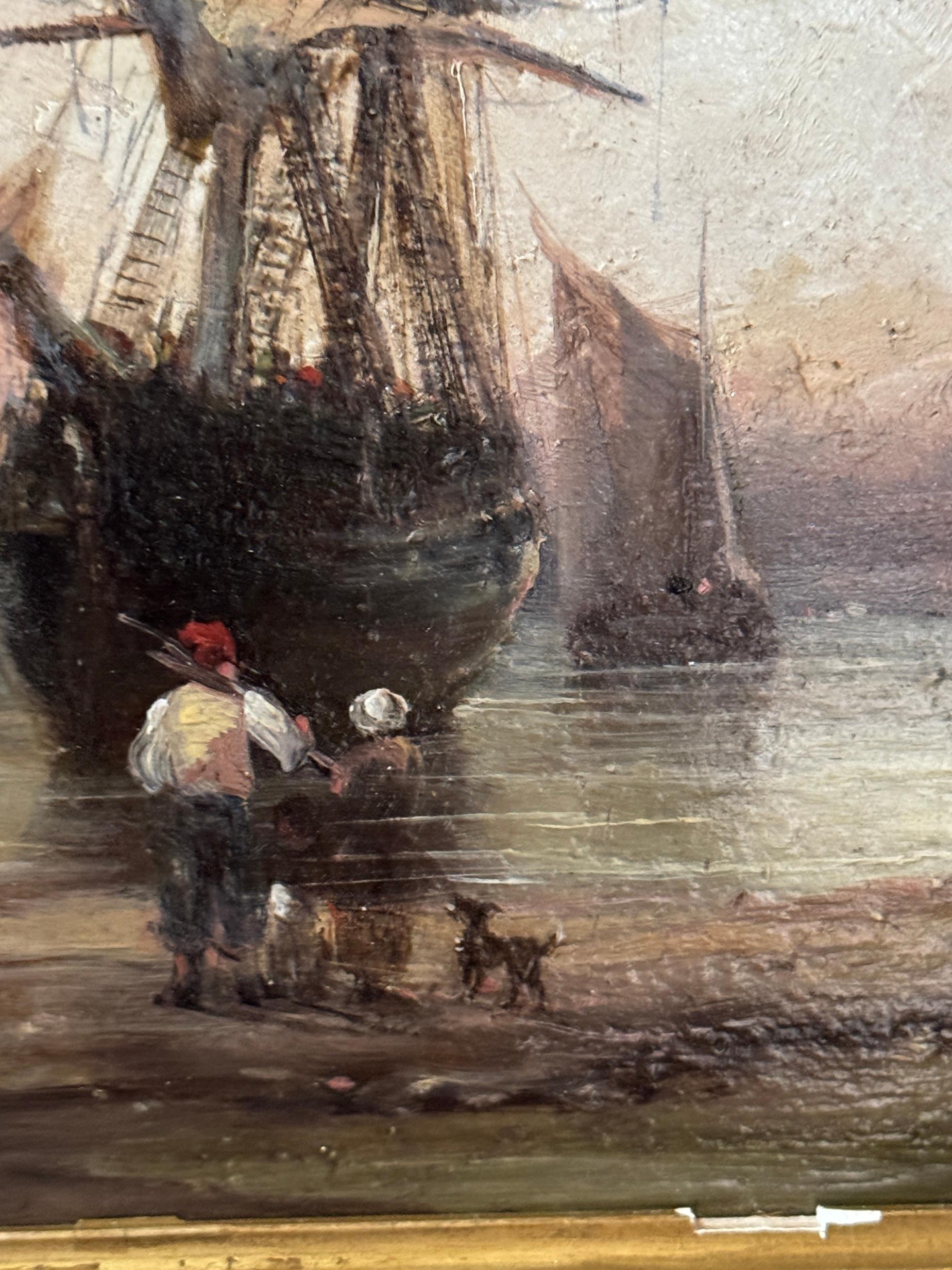 19th century English fishing boat with the tide out on a shore - Victorian Painting by James Webb
