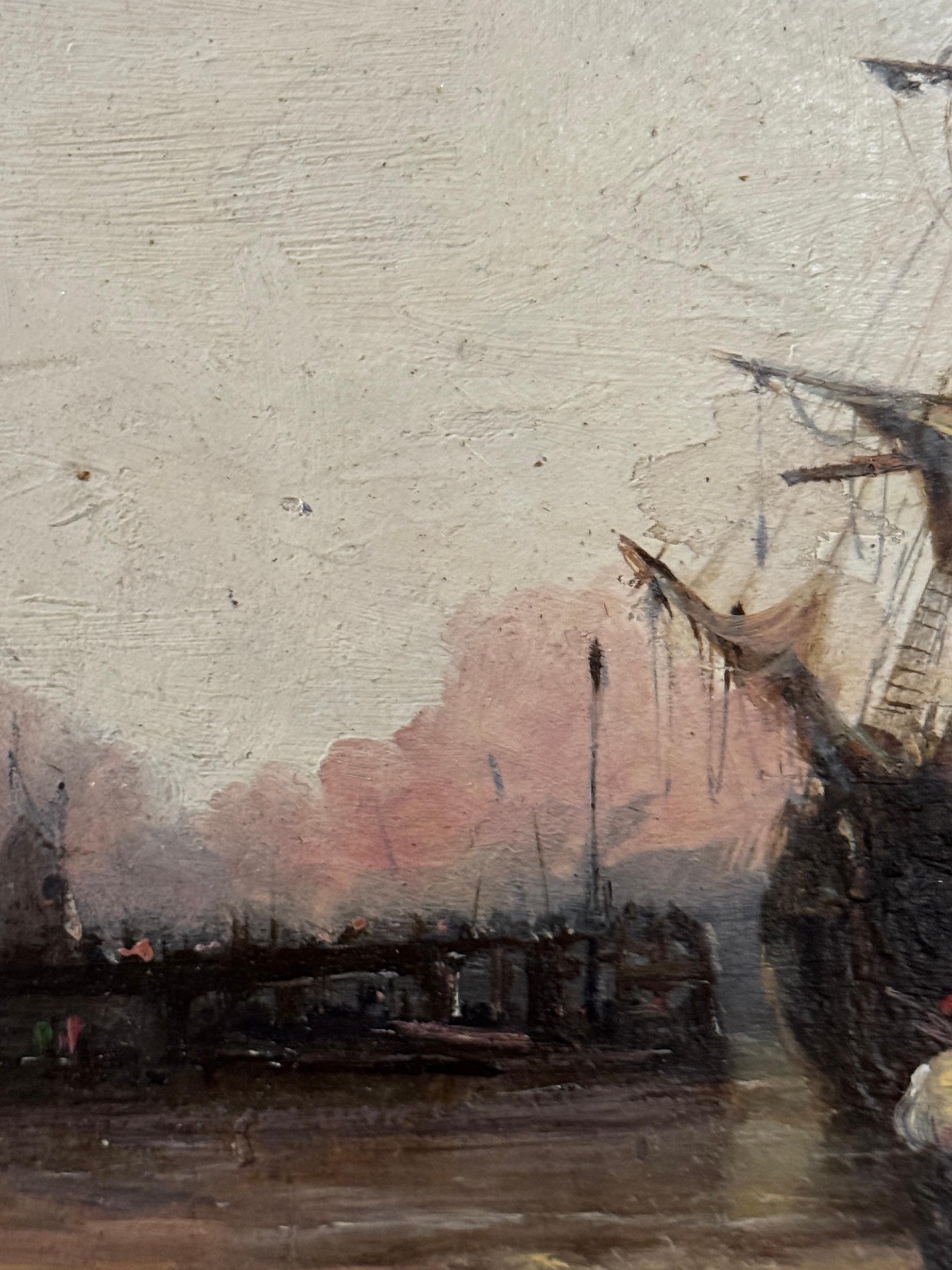 19th century English fishing boat with the tide out on a shore - Brown Figurative Painting by James Webb