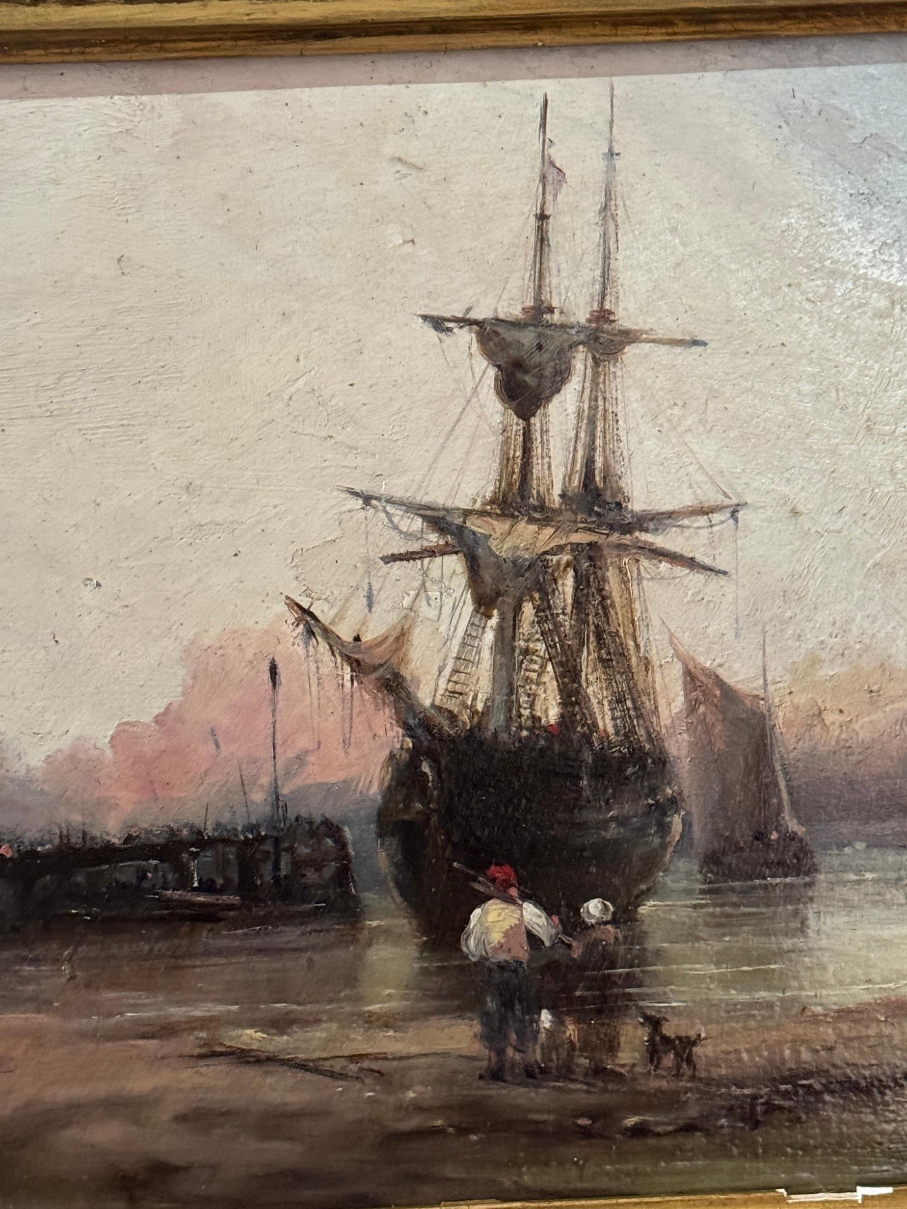 This James Webb English marine painting, circa 1870, is a masterpiece of atmospheric charm and technical precision that would appeal profoundly to an interior designer or fine art collector. Its subject—a tranquil maritime scene—captures the essence