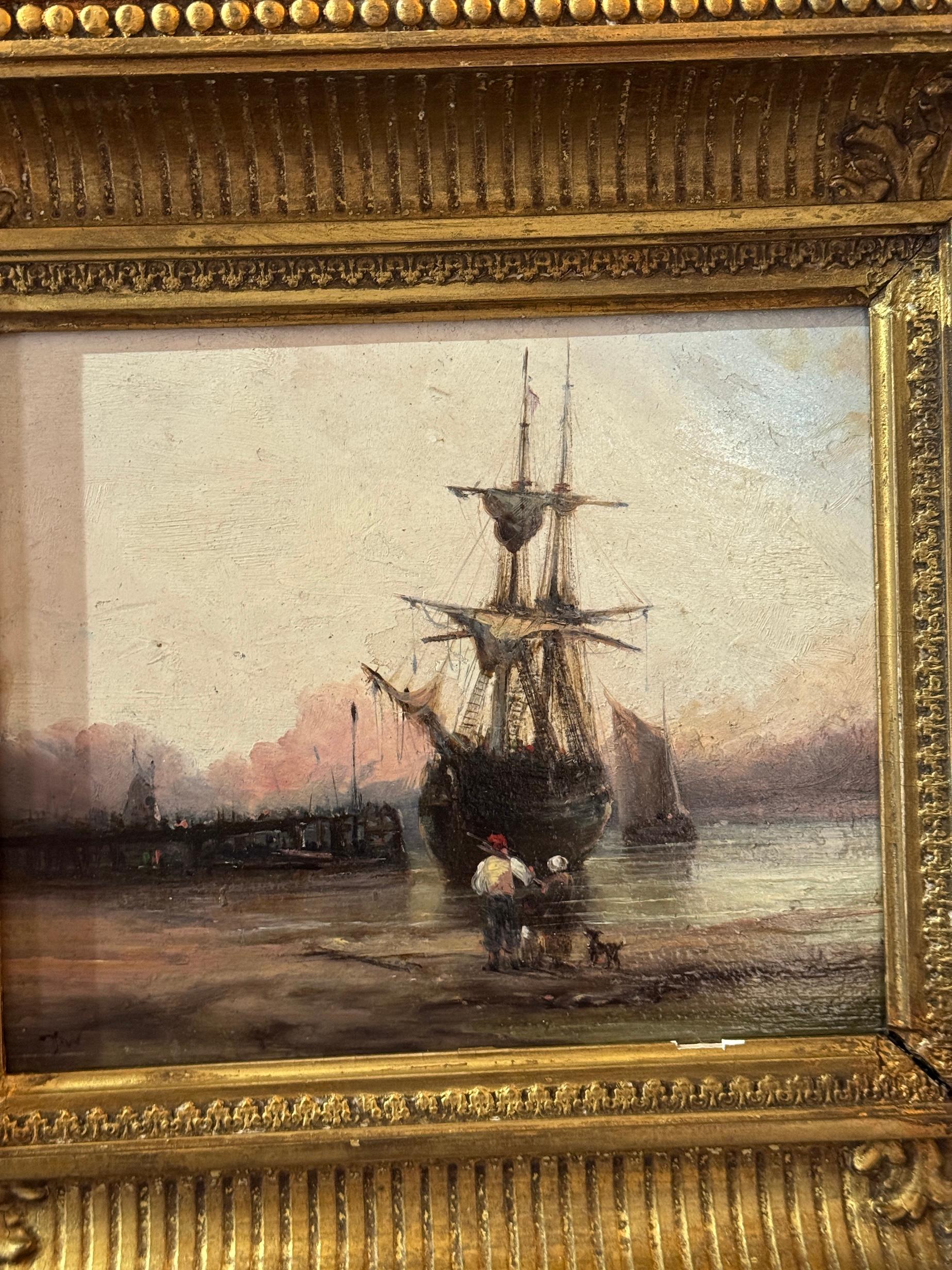 19th century English fishing boat with the tide out on a shore For Sale 1